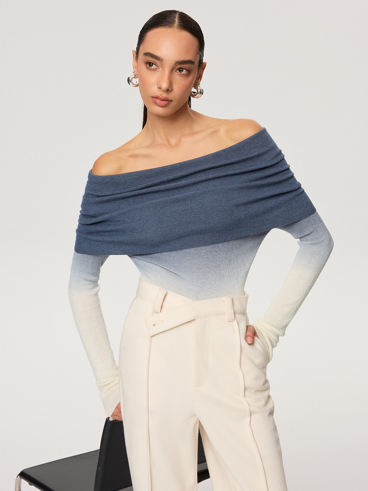 Off-Shoulder Ombre Wool Blend Knit Top-Chicvia