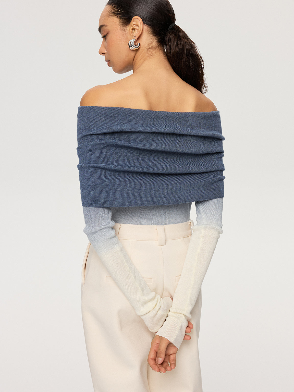 Off-Shoulder Ombre Wool Blend Knit Top-Chicvia