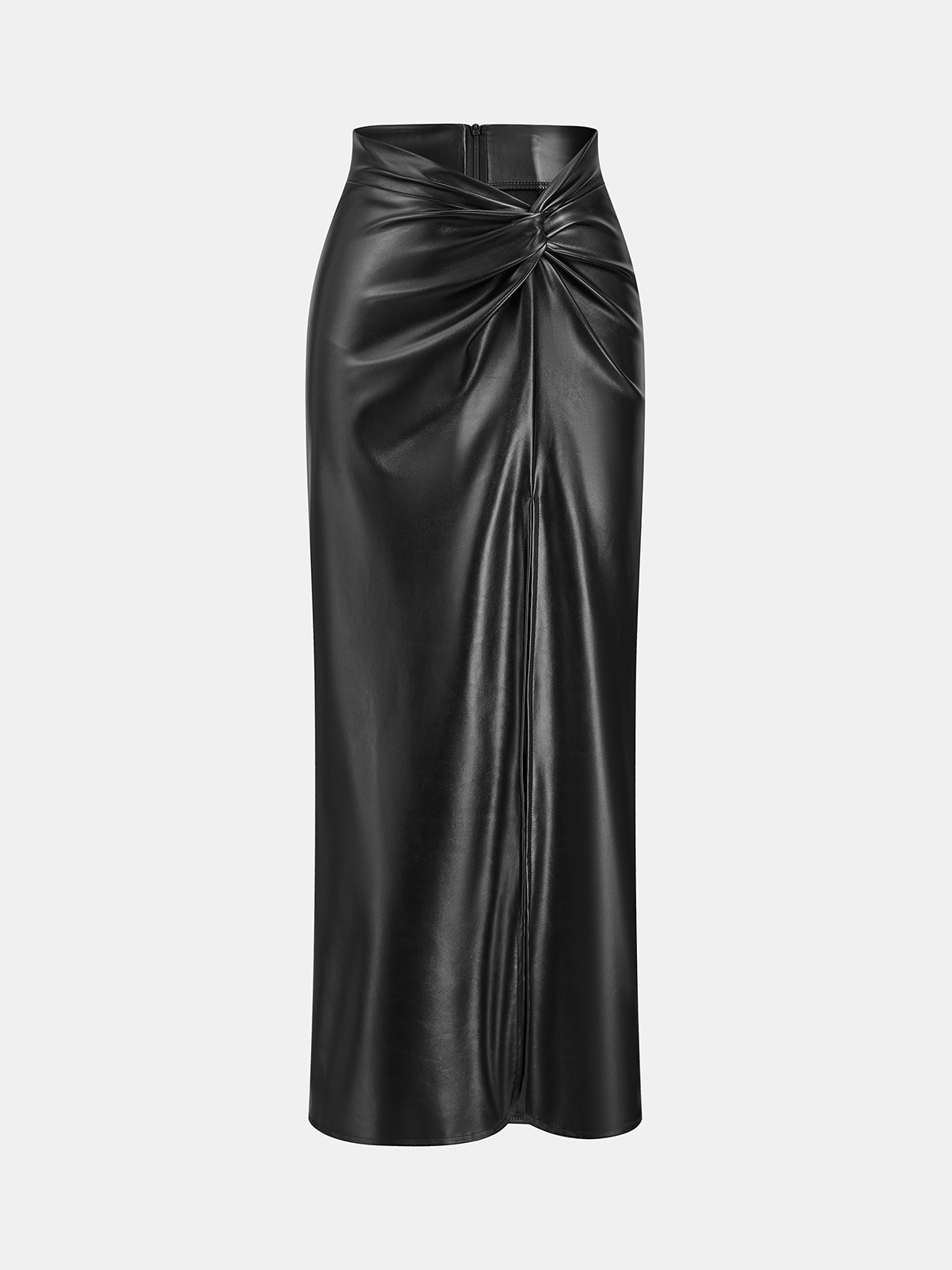 Knot Detail PU Leather Midi Skirt-Chicvia