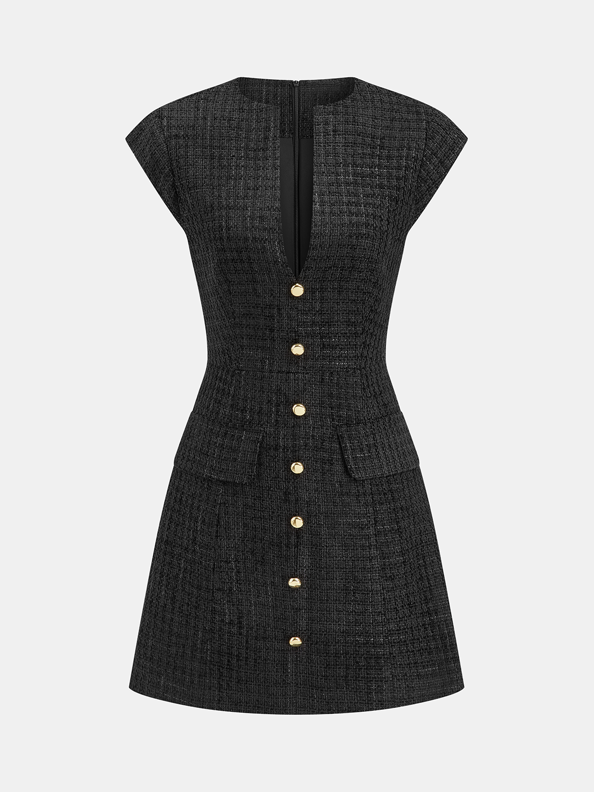 Metal Button Tweed Sleeveless Mini Dress-Chicvia