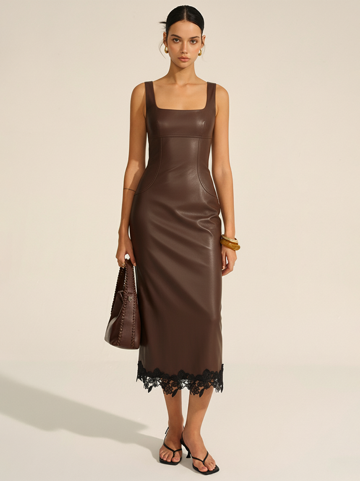 Lace Trim PU Leather Sleeveless Maxi Dress-Chicvia