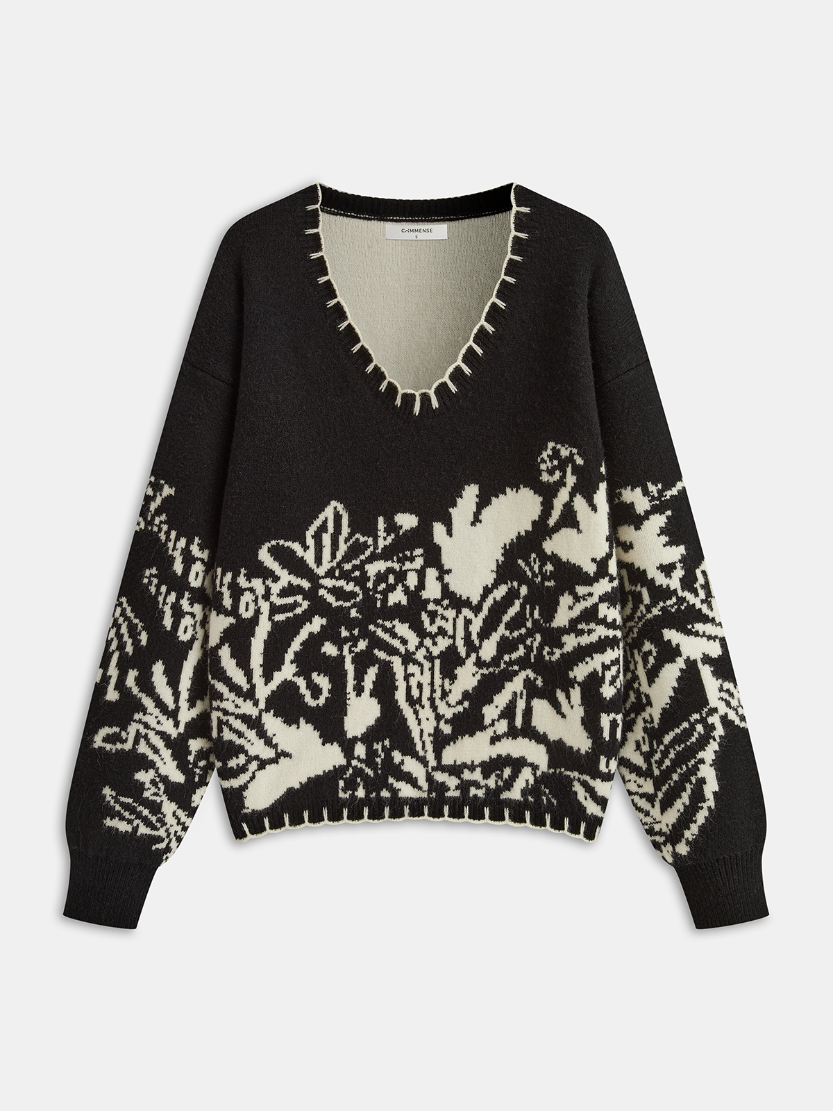 Floral Pattern V-Neck Sweater-Chicvia