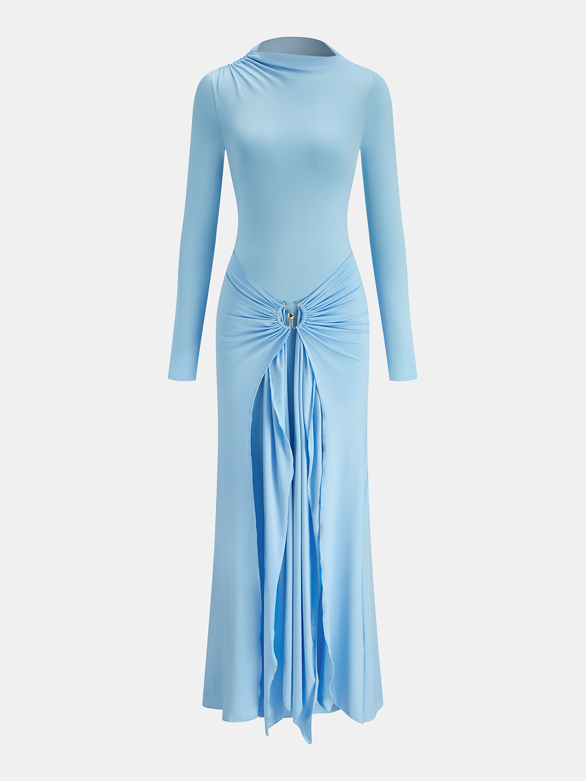 Metal Ring Draped Long Sleeve Maxi Dress-Chicvia