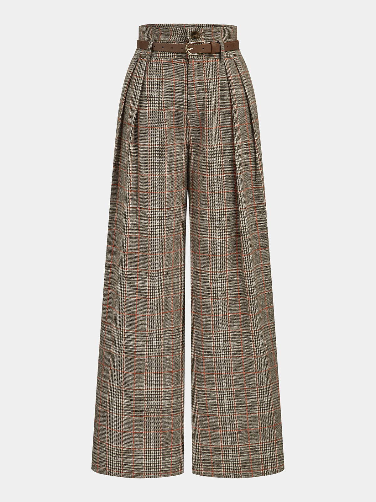 Belted Plaid High-Waisted Pants-Chicvia