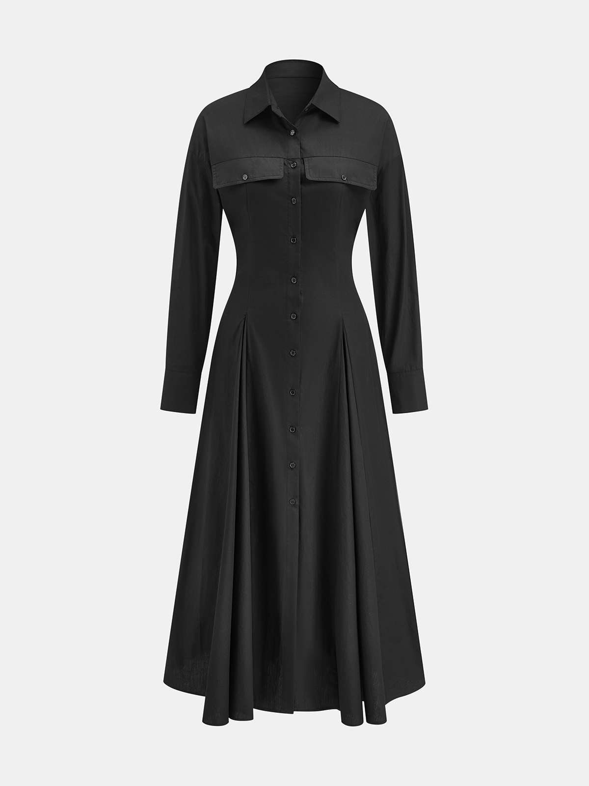 Pleated Button Front Shirt Dress-Chicvia