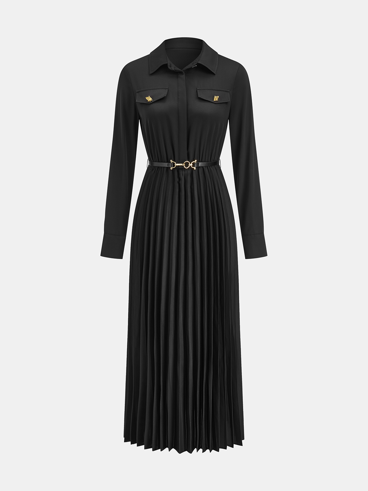Belted Pleated Long Sleeve Shirt Dress-Chicvia