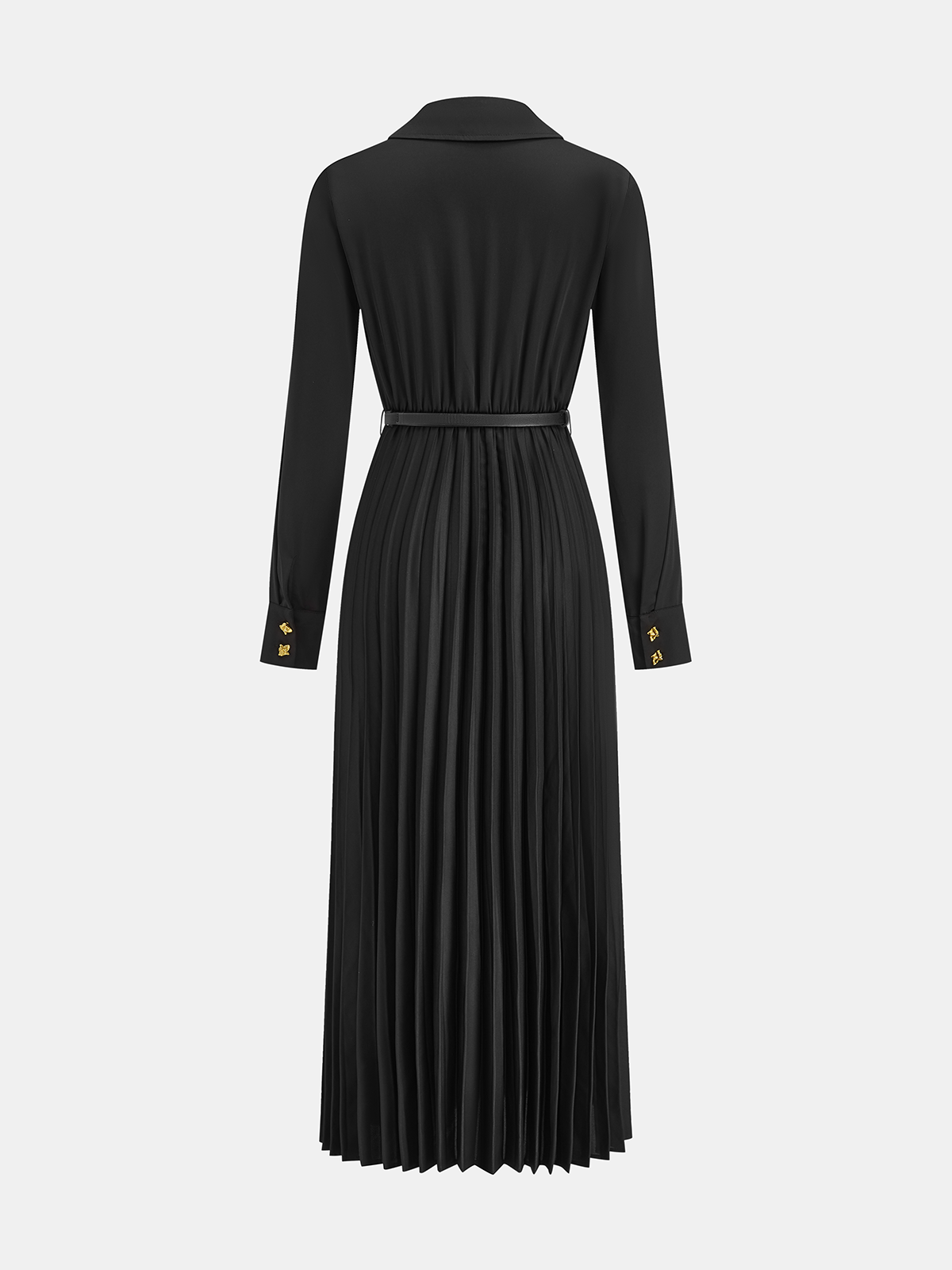 Belted Pleated Long Sleeve Shirt Dress-Chicvia