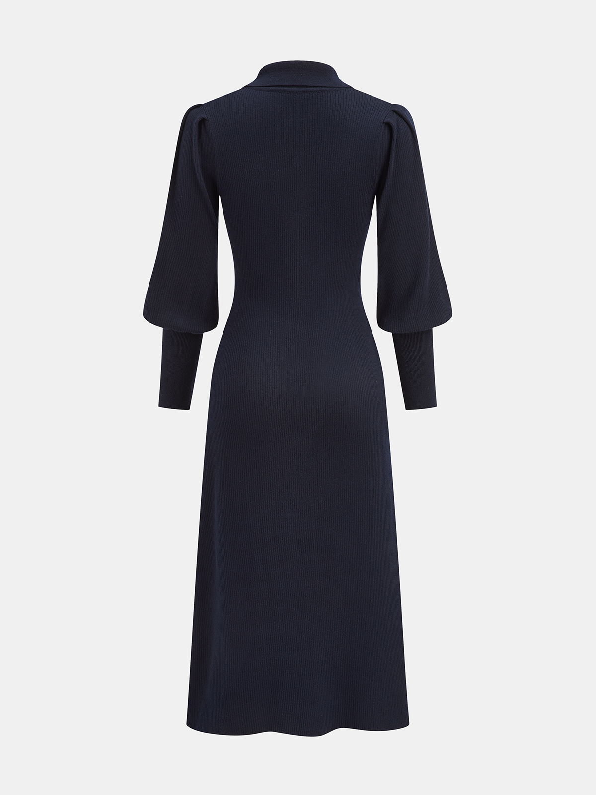 Leg-Of-Mutton Sleeve Wool Blend Collared Midi Dress-Chicvia