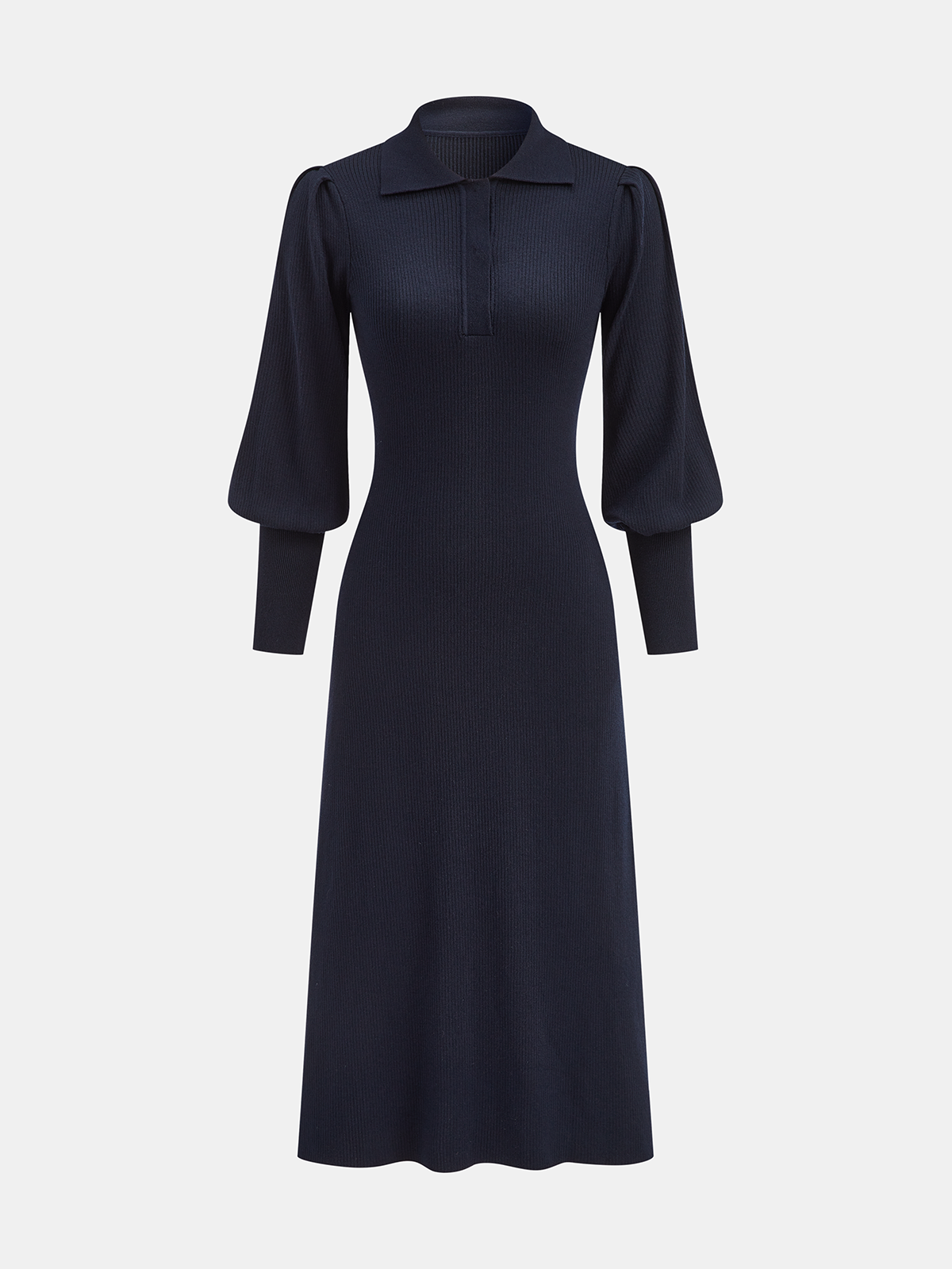 Leg-Of-Mutton Sleeve Wool Blend Collared Midi Dress-Chicvia