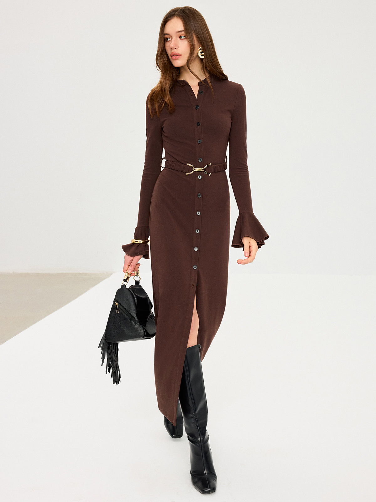 Flared Cuff Button-Front Maxi Dress-Chicvia