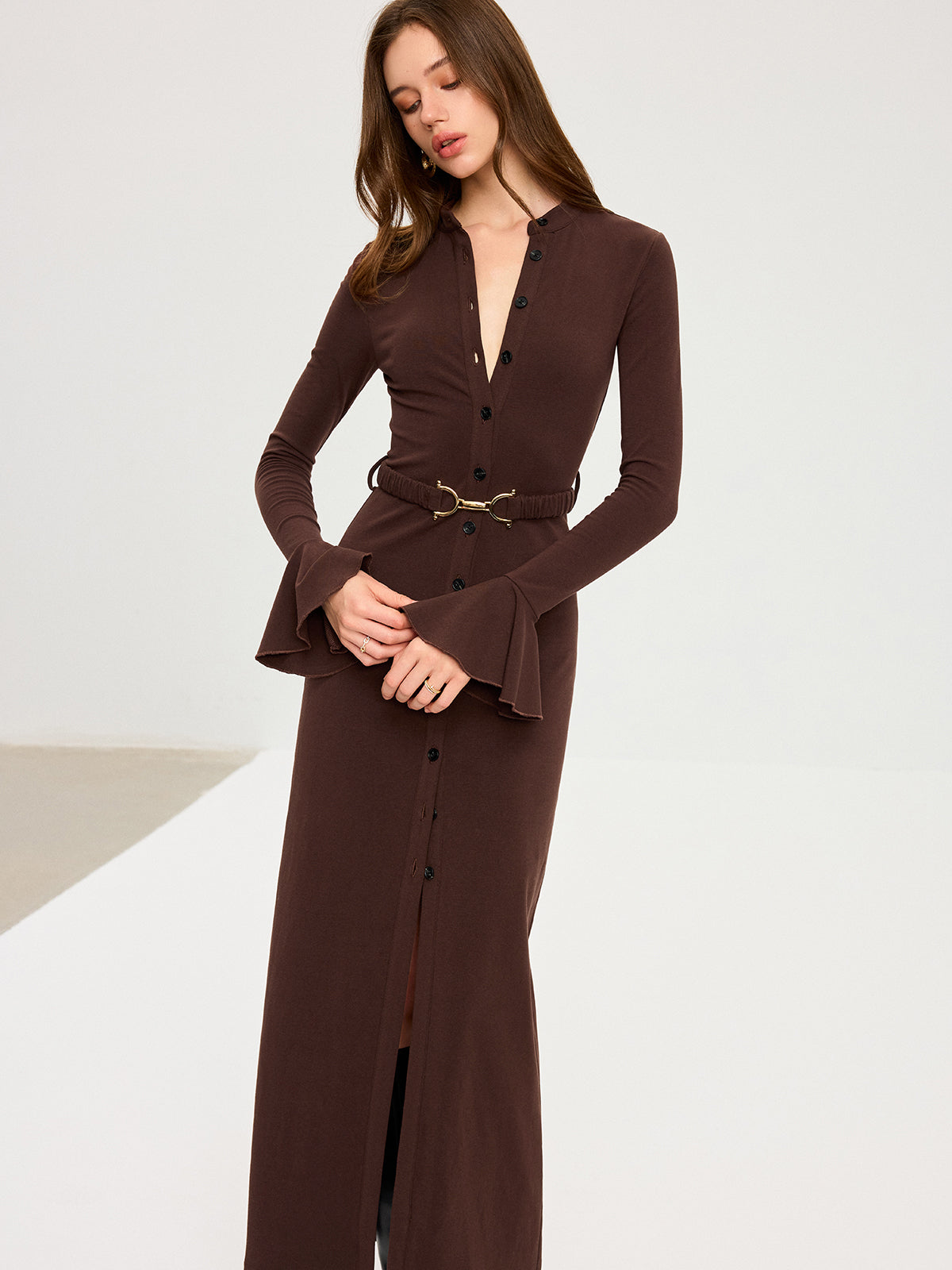 Flared Cuff Button-Front Maxi Dress-Chicvia