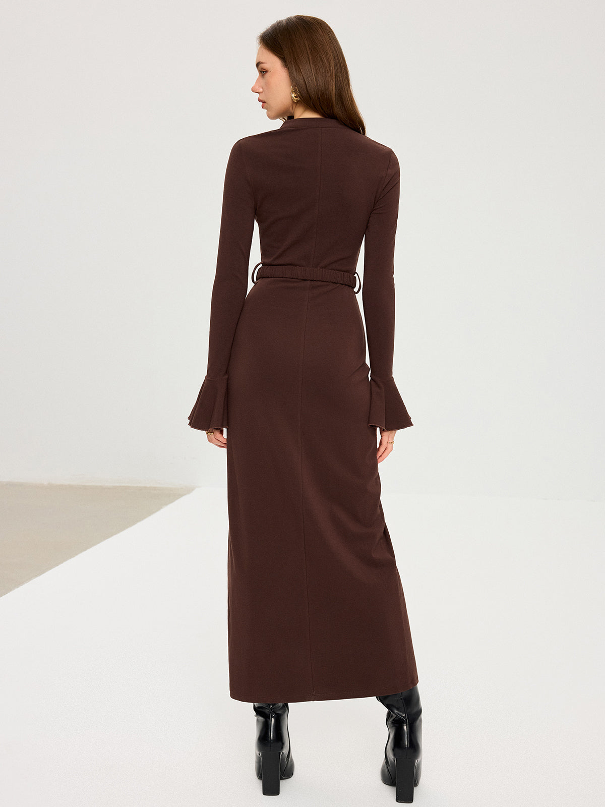 Flared Cuff Button-Front Maxi Dress-Chicvia