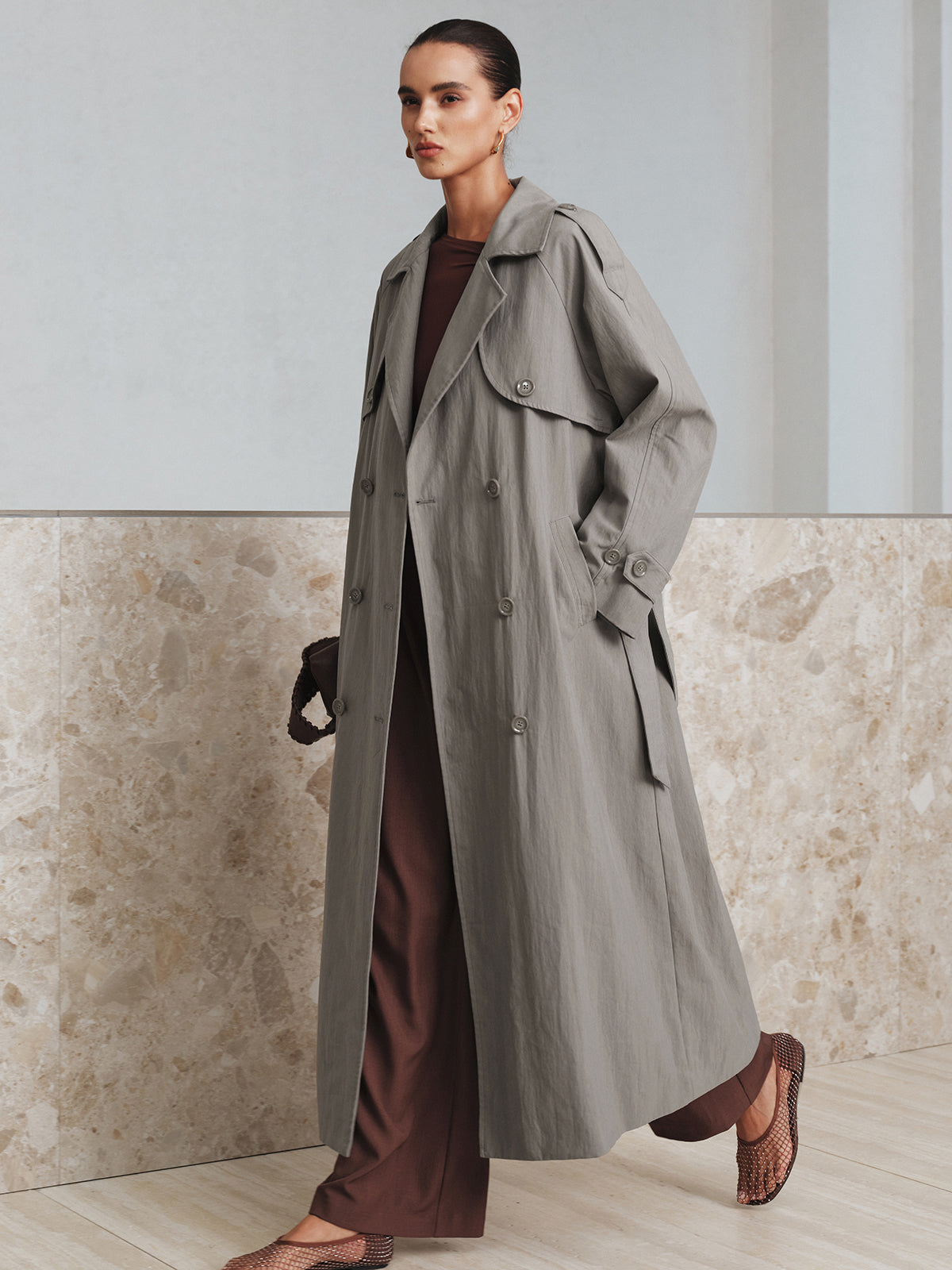 Cotton Oversize Long Trench Coat with Belt-Chicvia