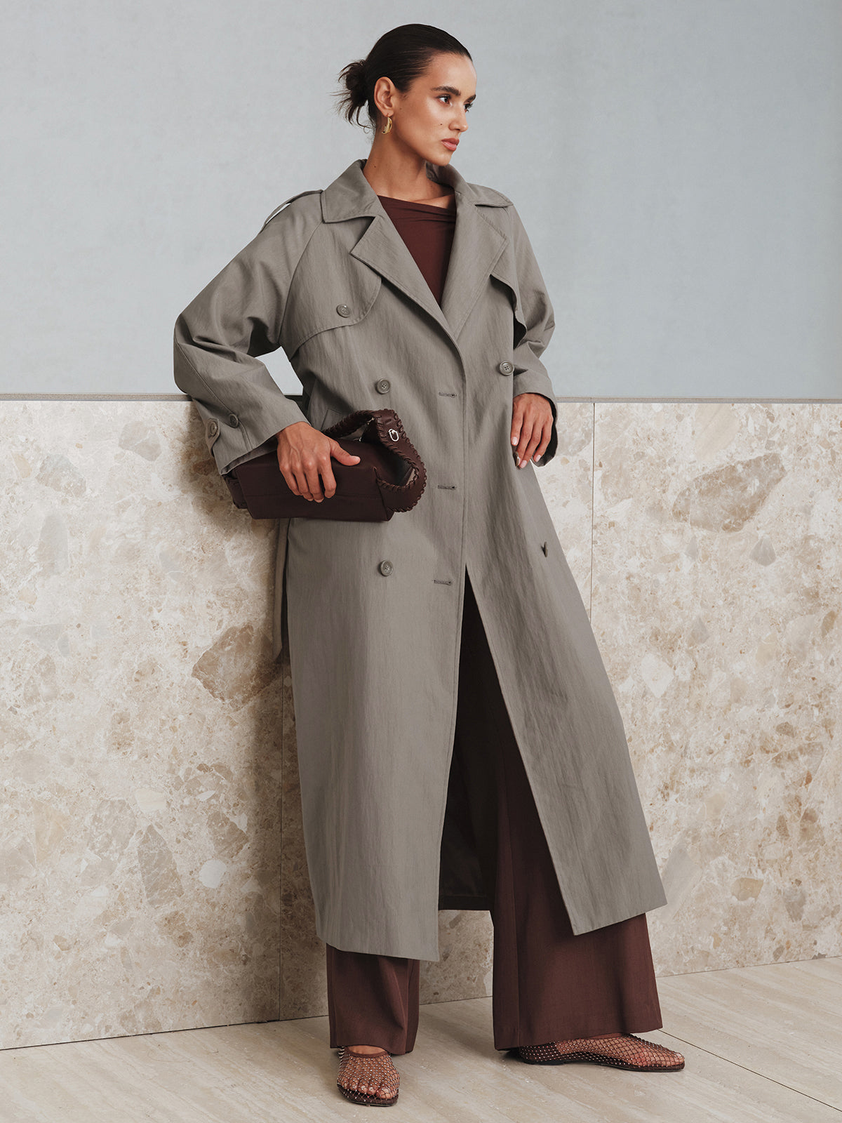 Cotton Oversize Long Trench Coat with Belt-Chicvia
