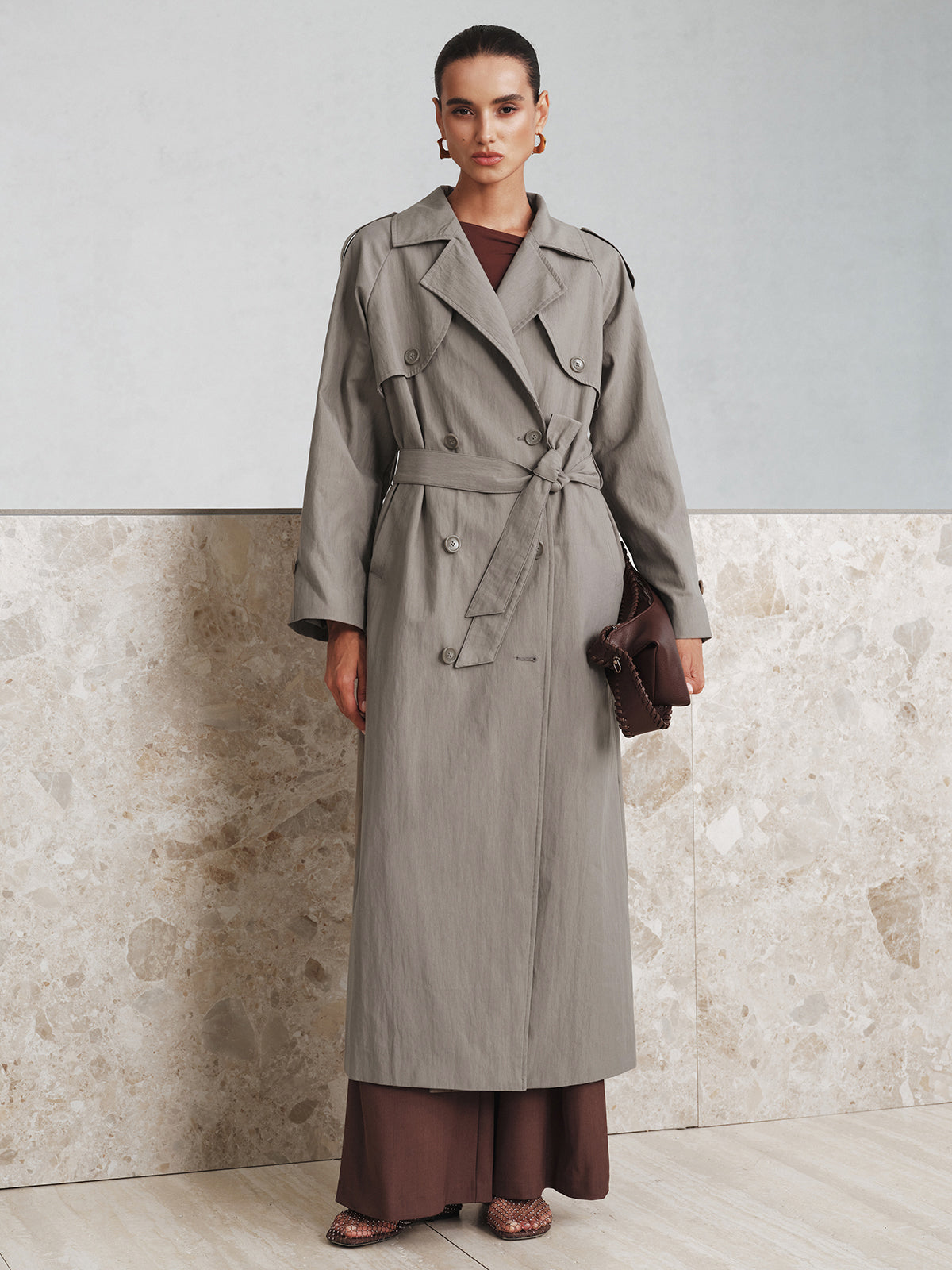 Cotton Oversize Long Trench Coat with Belt-Chicvia