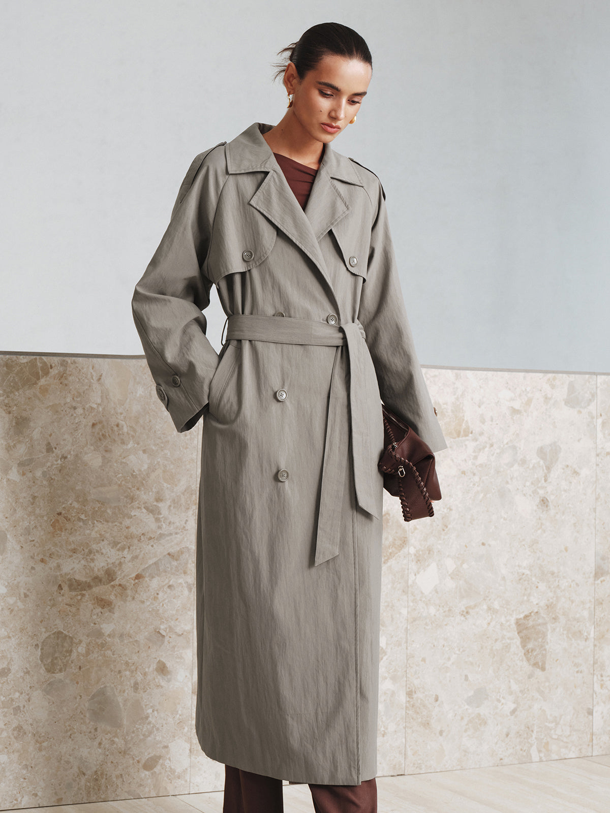 Cotton Oversize Long Trench Coat with Belt-Chicvia