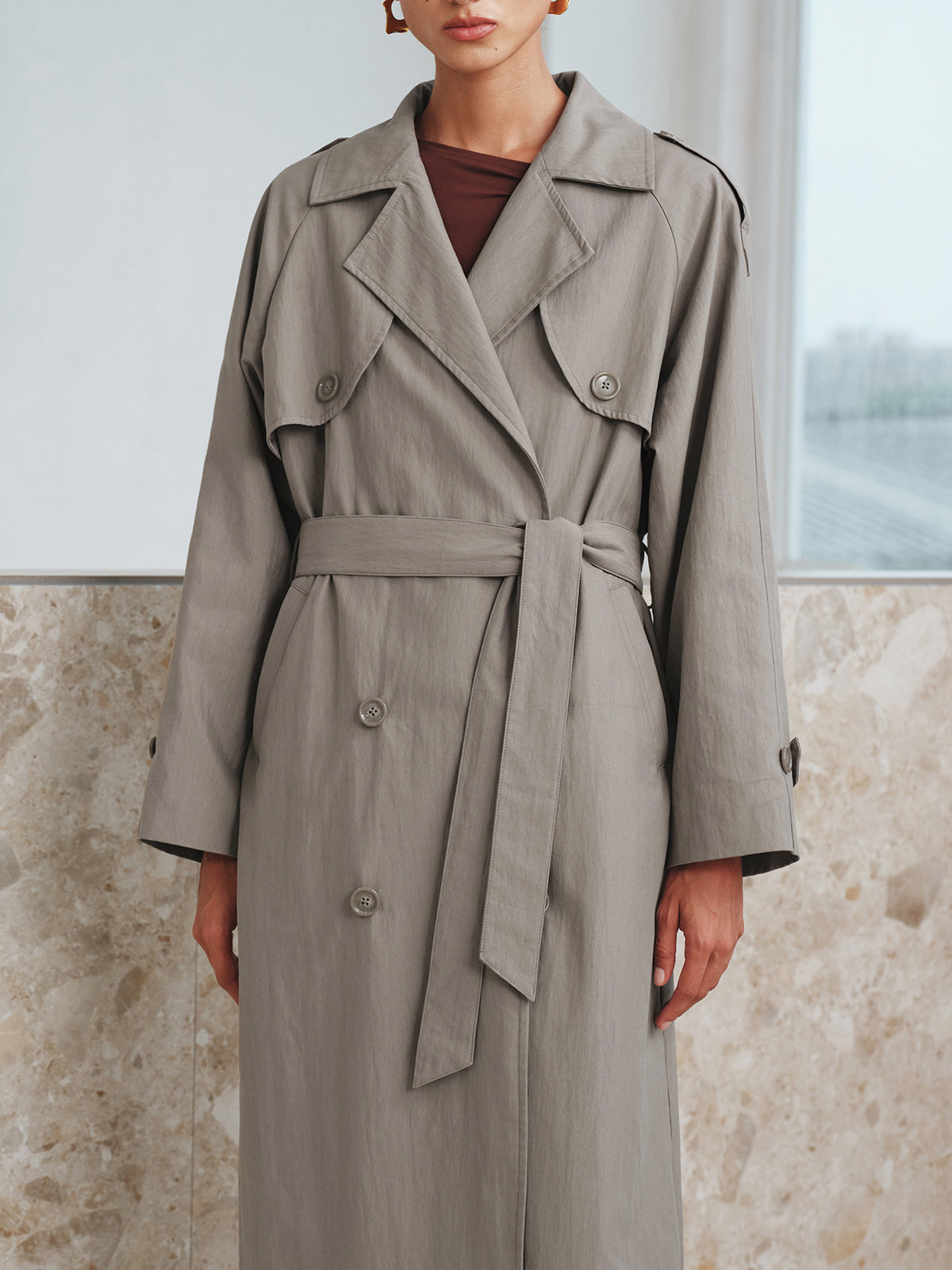 Cotton Oversize Long Trench Coat with Belt-Chicvia