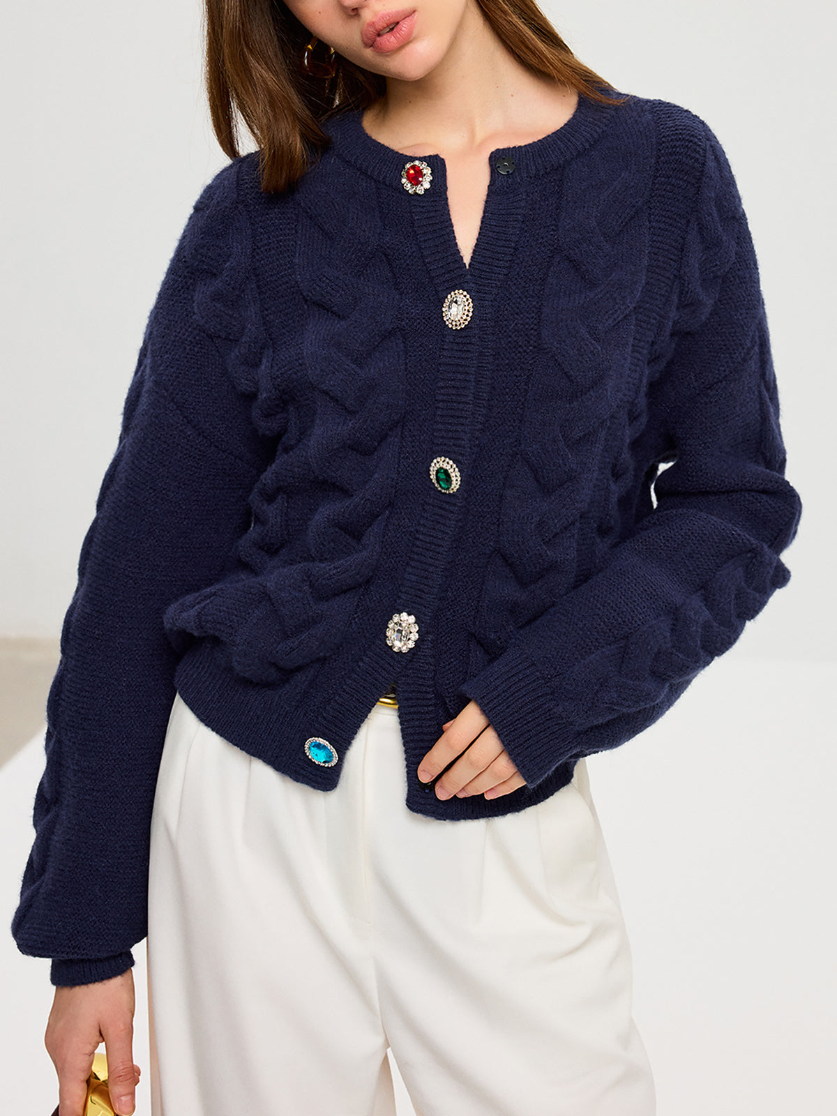 Cable Knit Rhinestone Button Cardigan-Chicvia