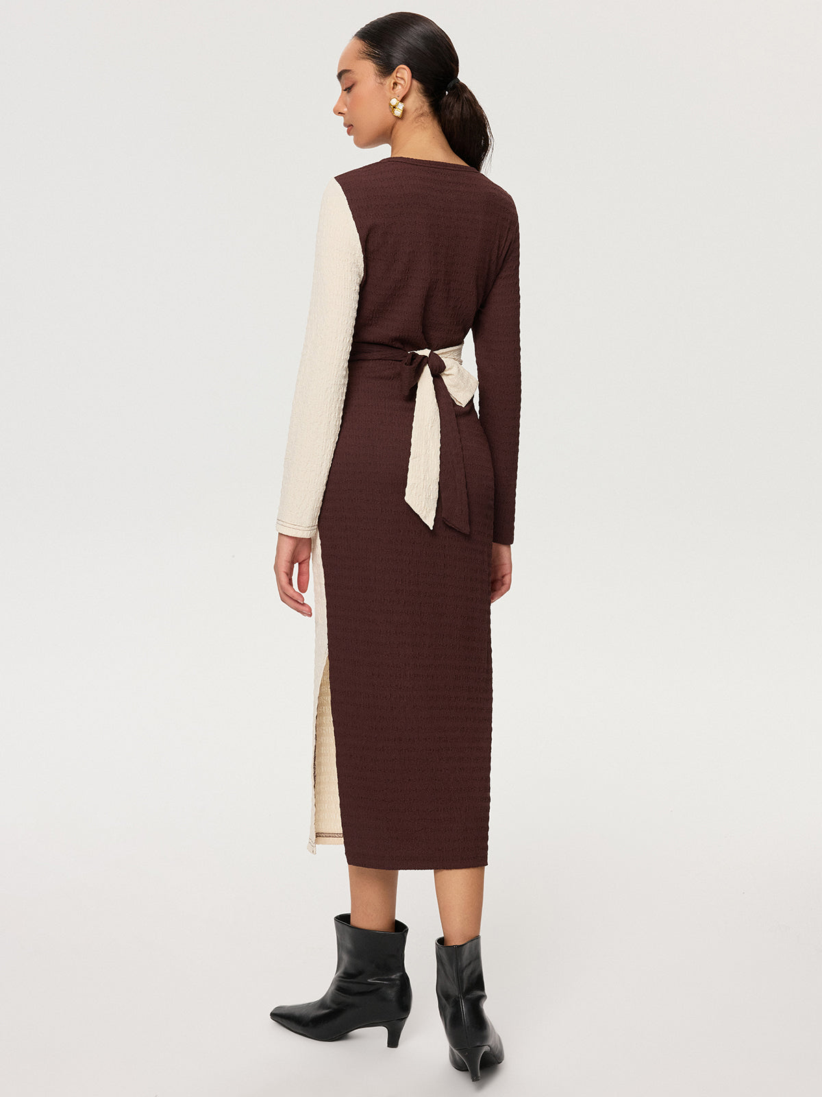 Cross-Tie Textured Color-Block Maxi Dress-Chicvia