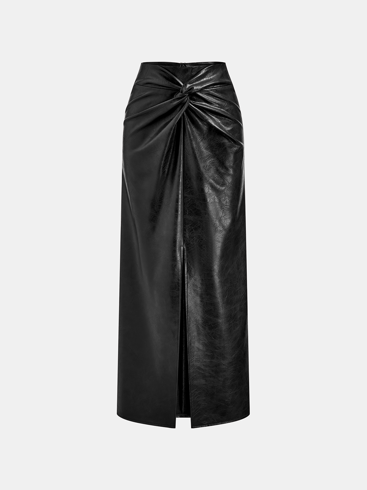 Knot Detail Slit Faux Leather Midi Skirt-Chicvia