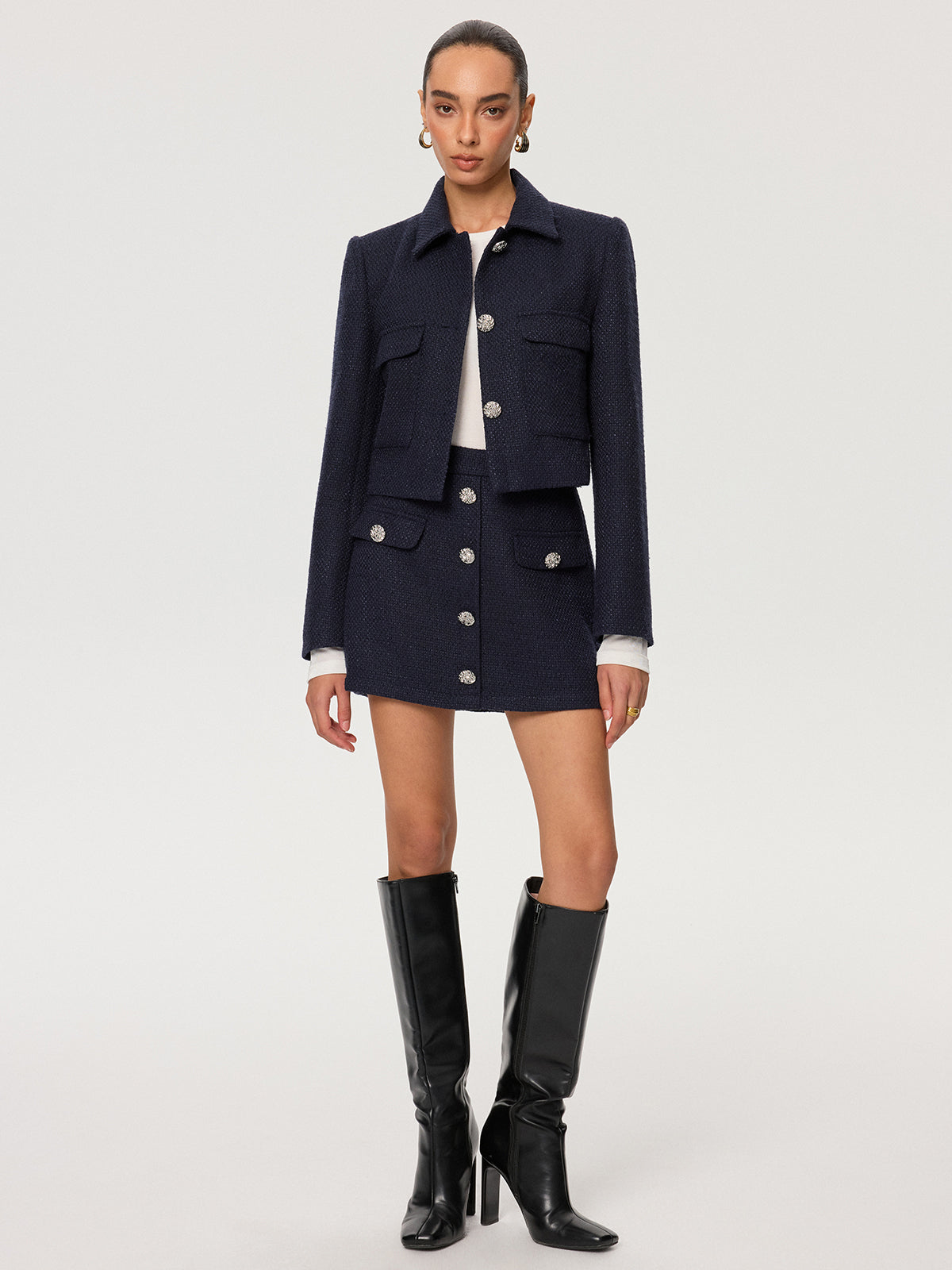 Metal Button Tweed Collared Jacket-Chicvia