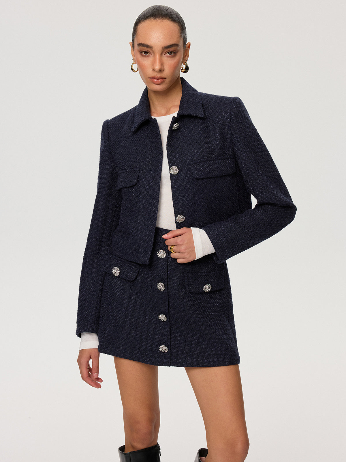 Metal Button Tweed Collared Jacket-Chicvia