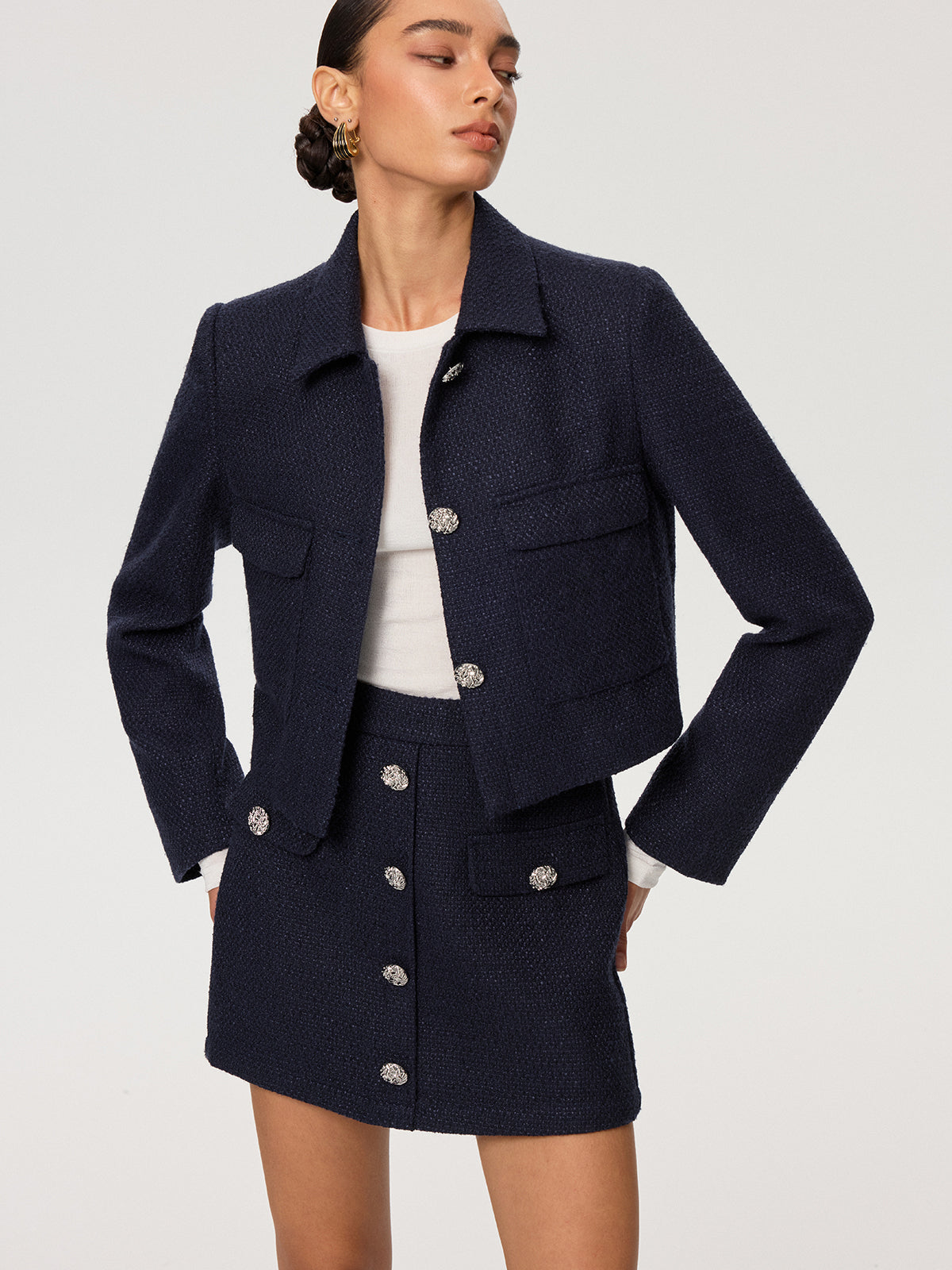 Metal Button Tweed Collared Jacket-Chicvia