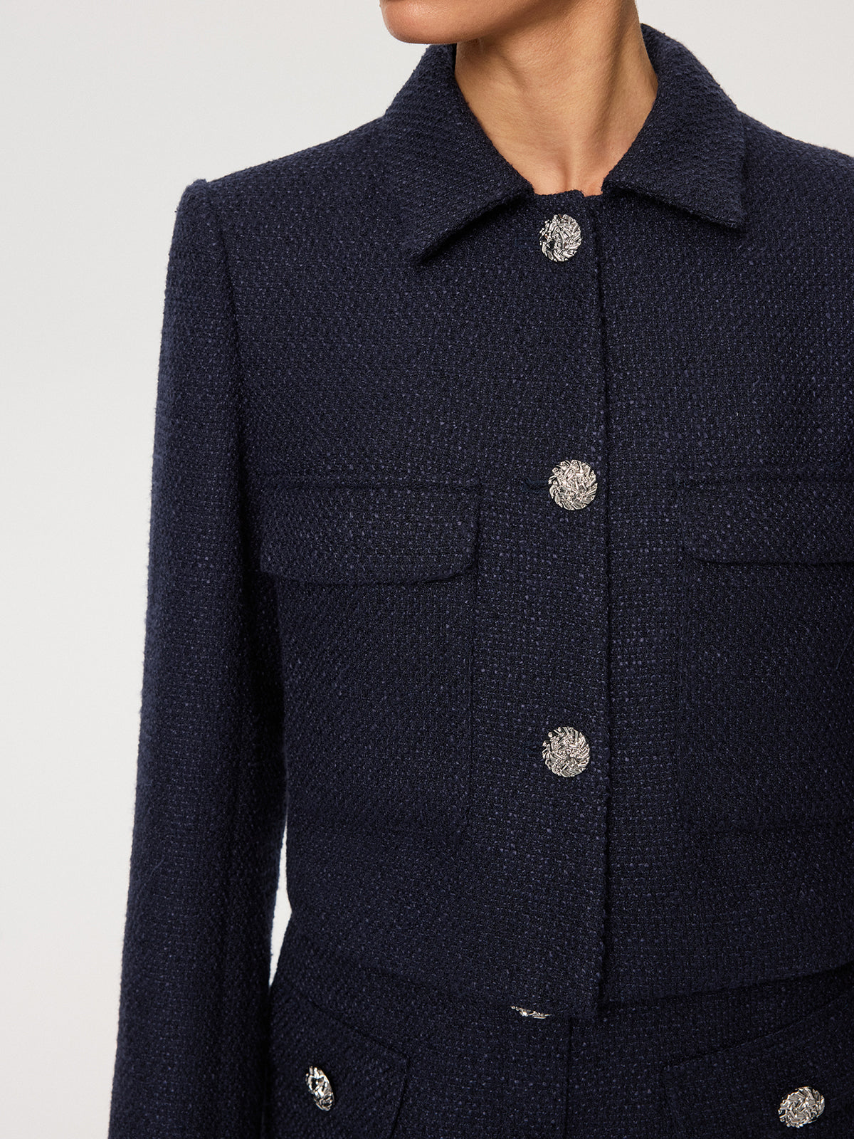 Metal Button Tweed Collared Jacket-Chicvia