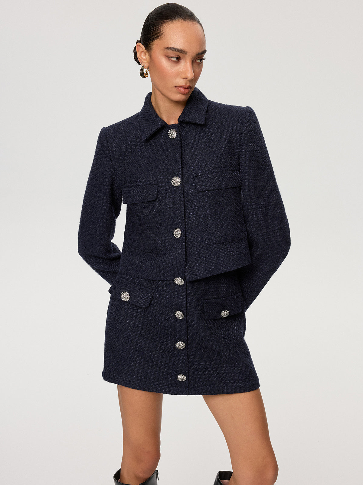 Metal Button Tweed Collared Jacket-Chicvia