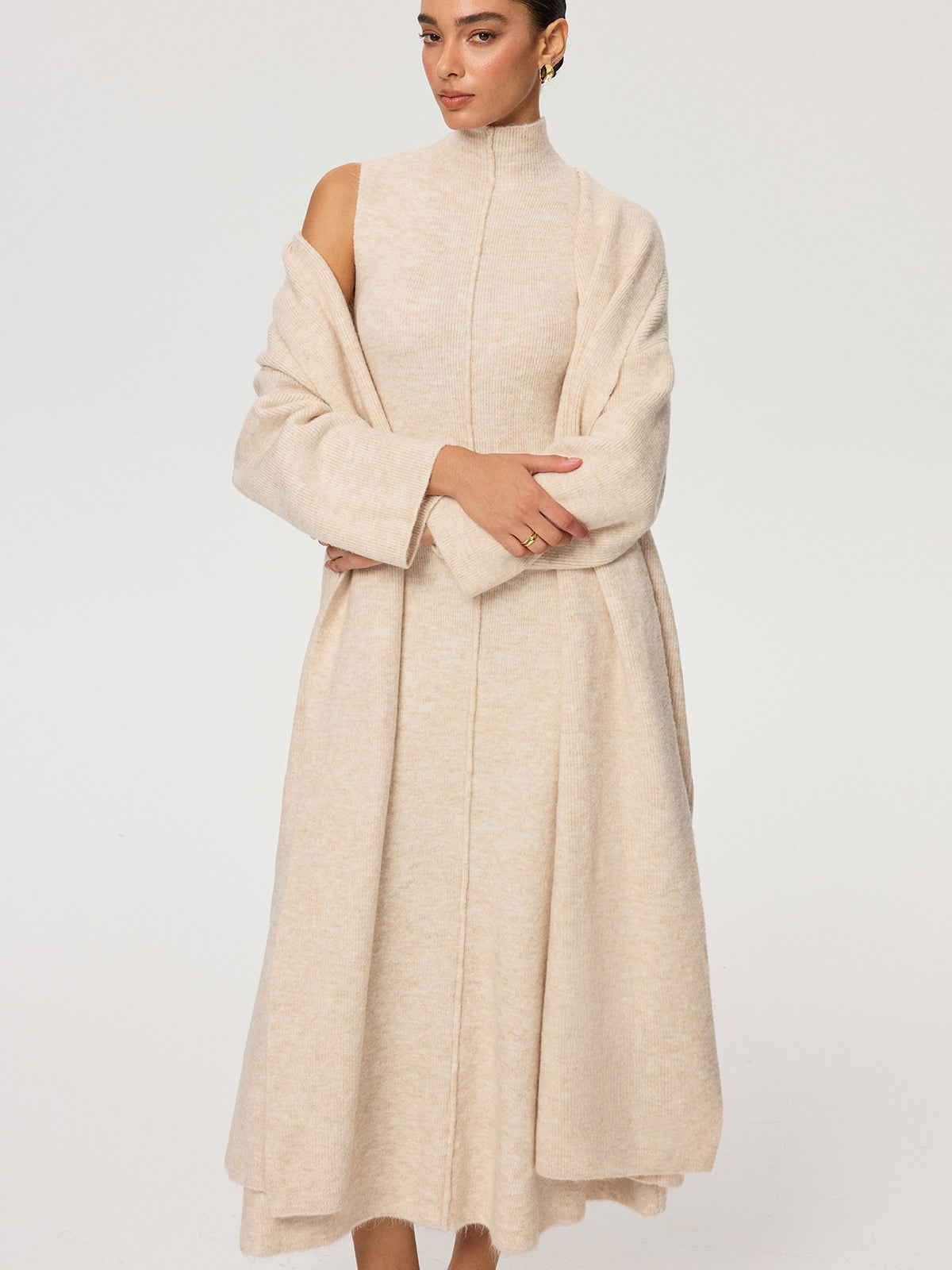 Knit Coat and Turtleneck Sleeveless Dress Two-Piece Set-Chicvia