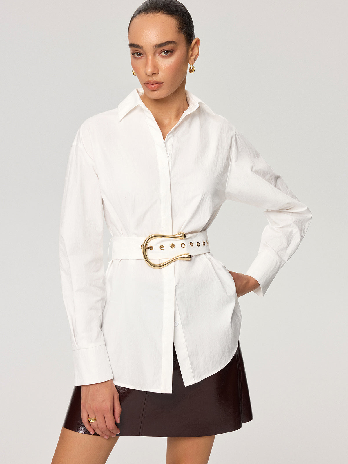 Cotton Blend Shirt with Metal Buckle Belt-Chicvia