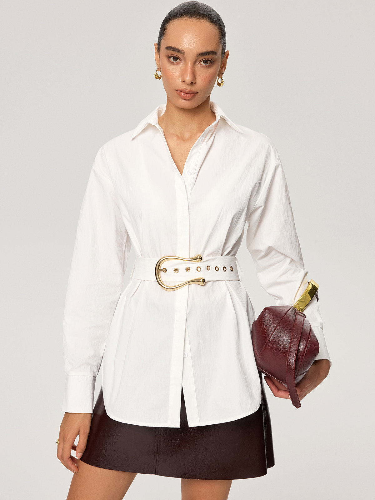 Cotton Blend Shirt with Metal Buckle Belt-Chicvia