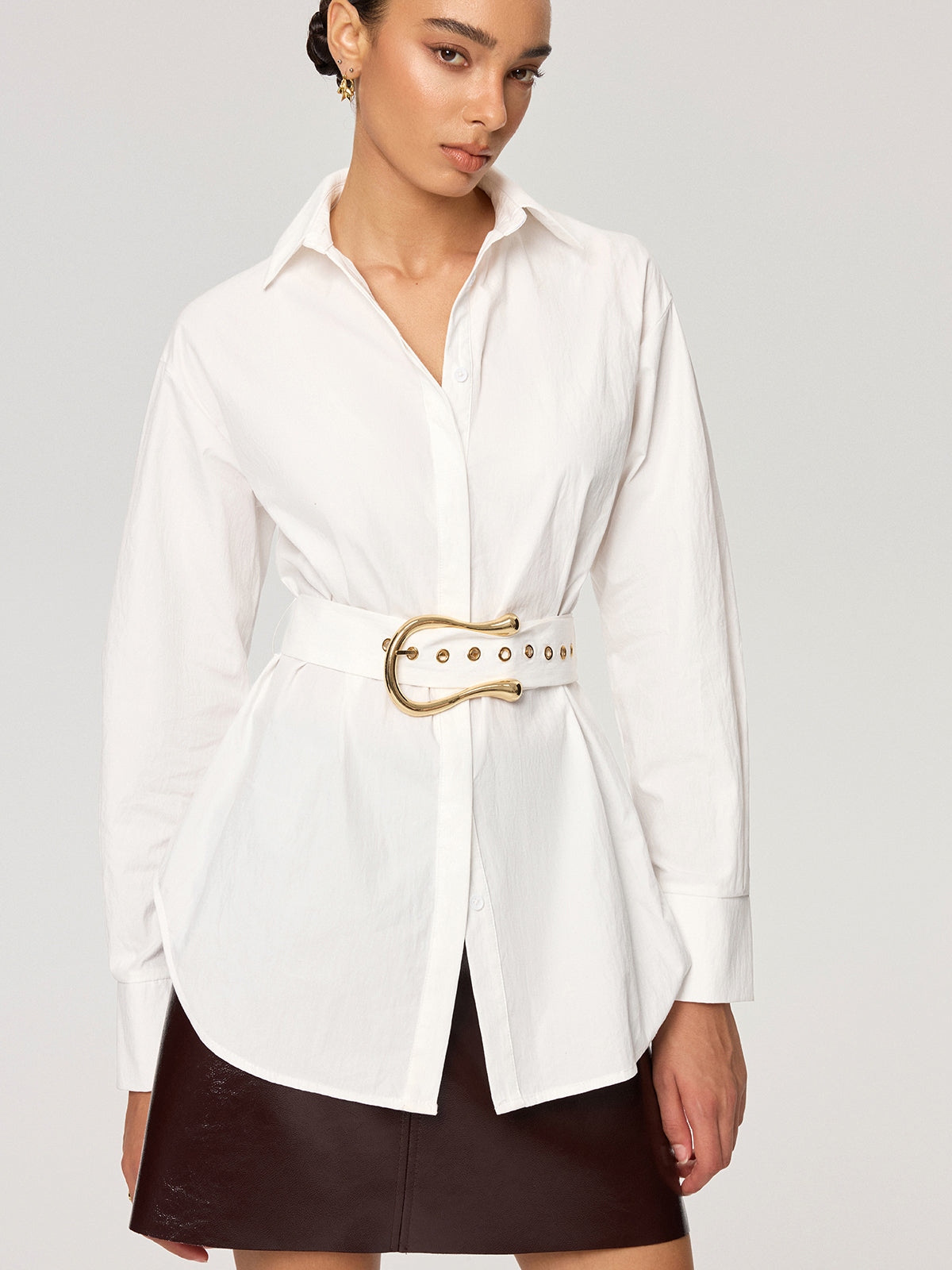 Cotton Blend Shirt with Metal Buckle Belt-Chicvia