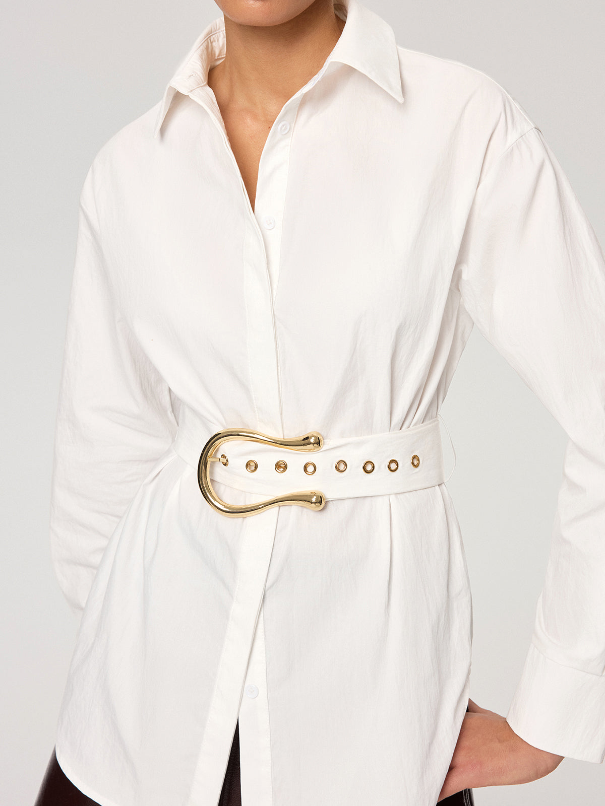 Cotton Blend Shirt with Metal Buckle Belt-Chicvia