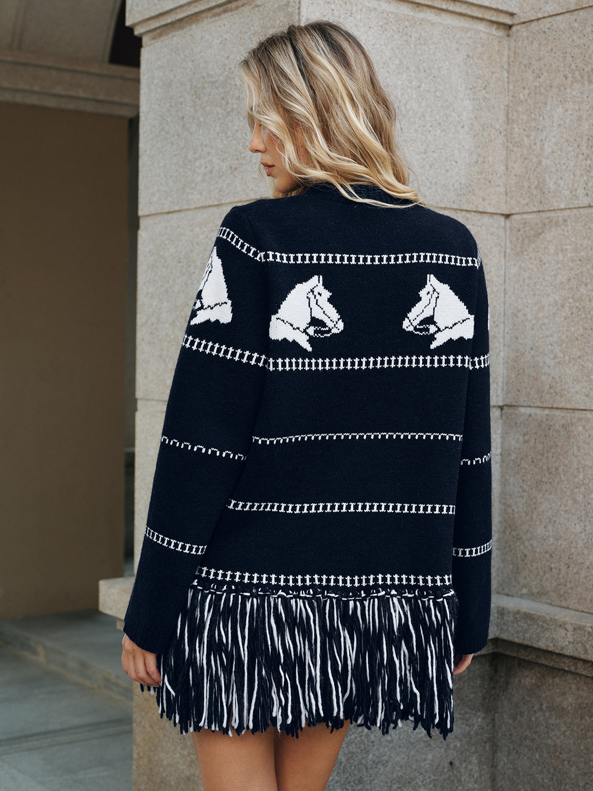 Horse-Pattern Wool Blend Fringe Cardigan-Chicvia