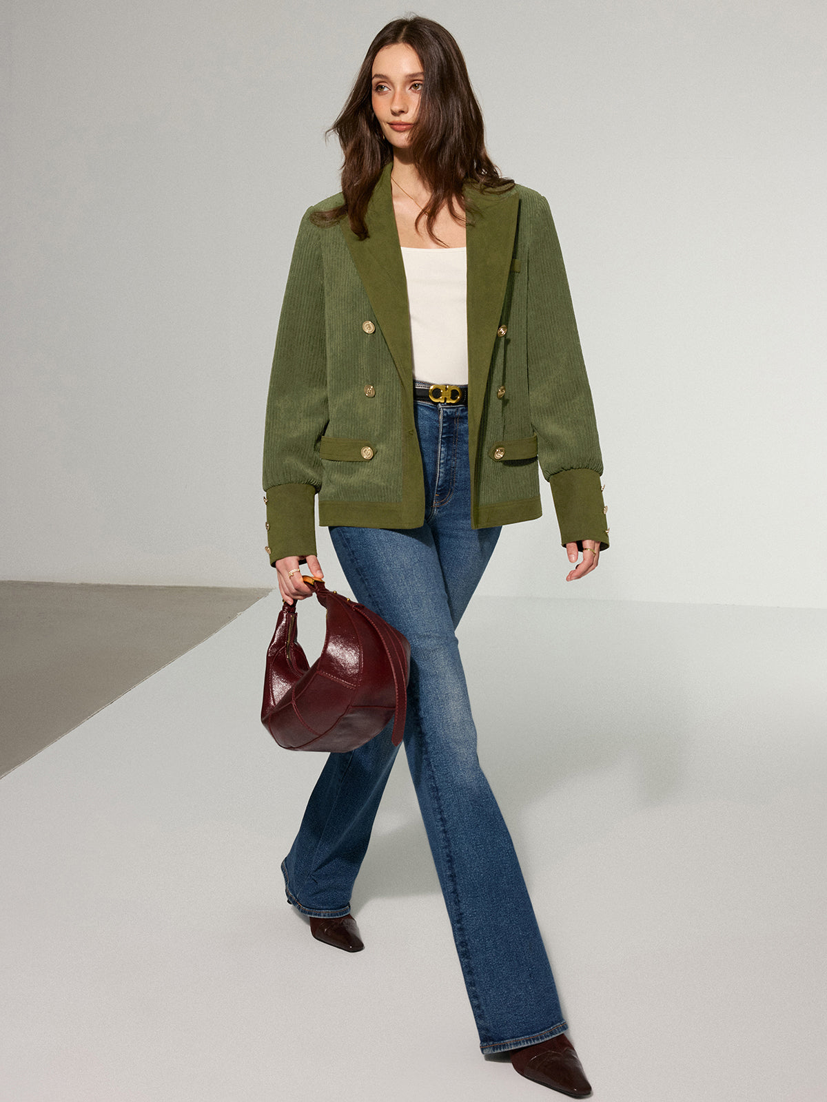 Corduroy Lapel Metal Button Blazer-Chicvia