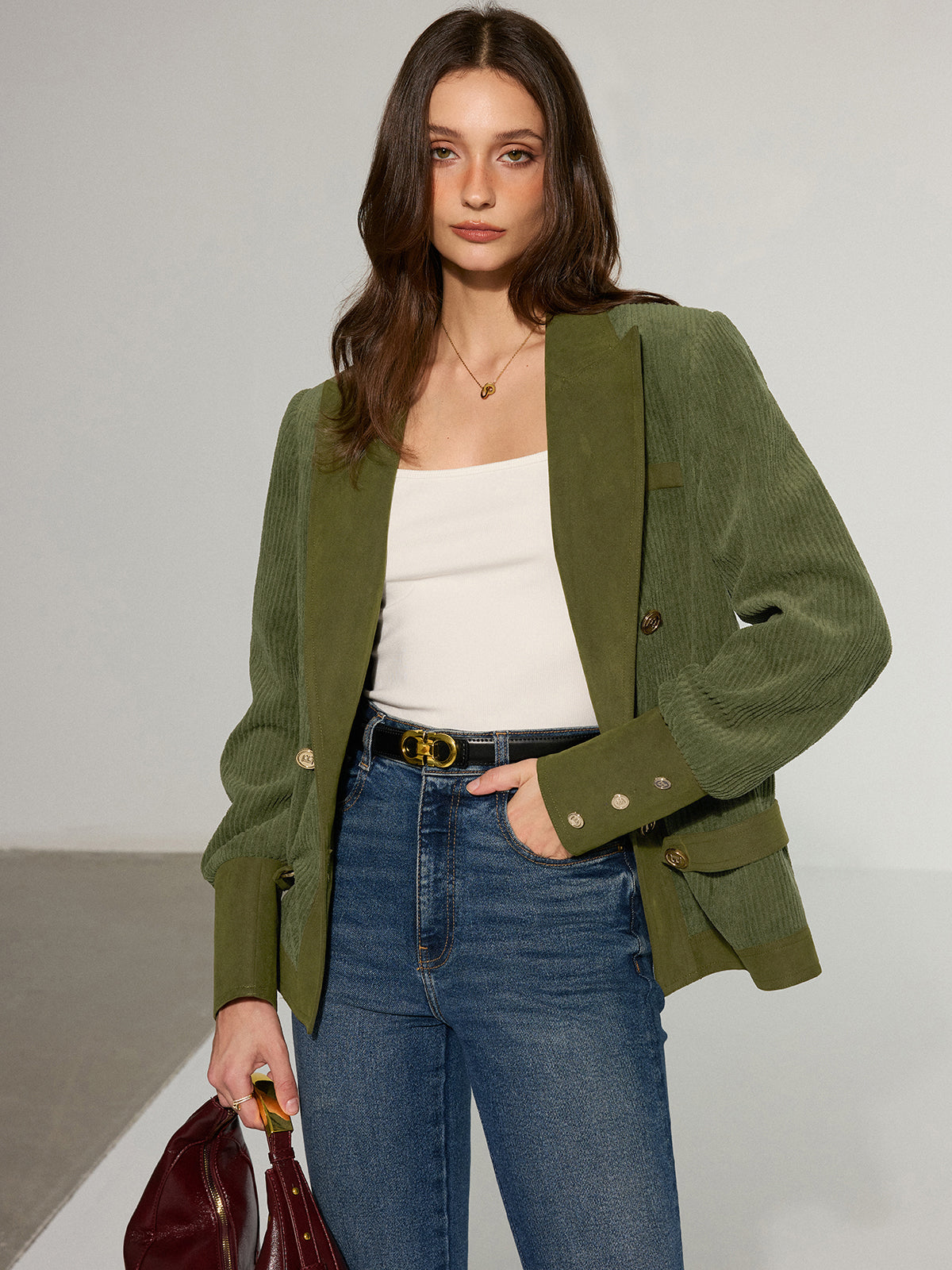 Corduroy Lapel Metal Button Blazer-Chicvia