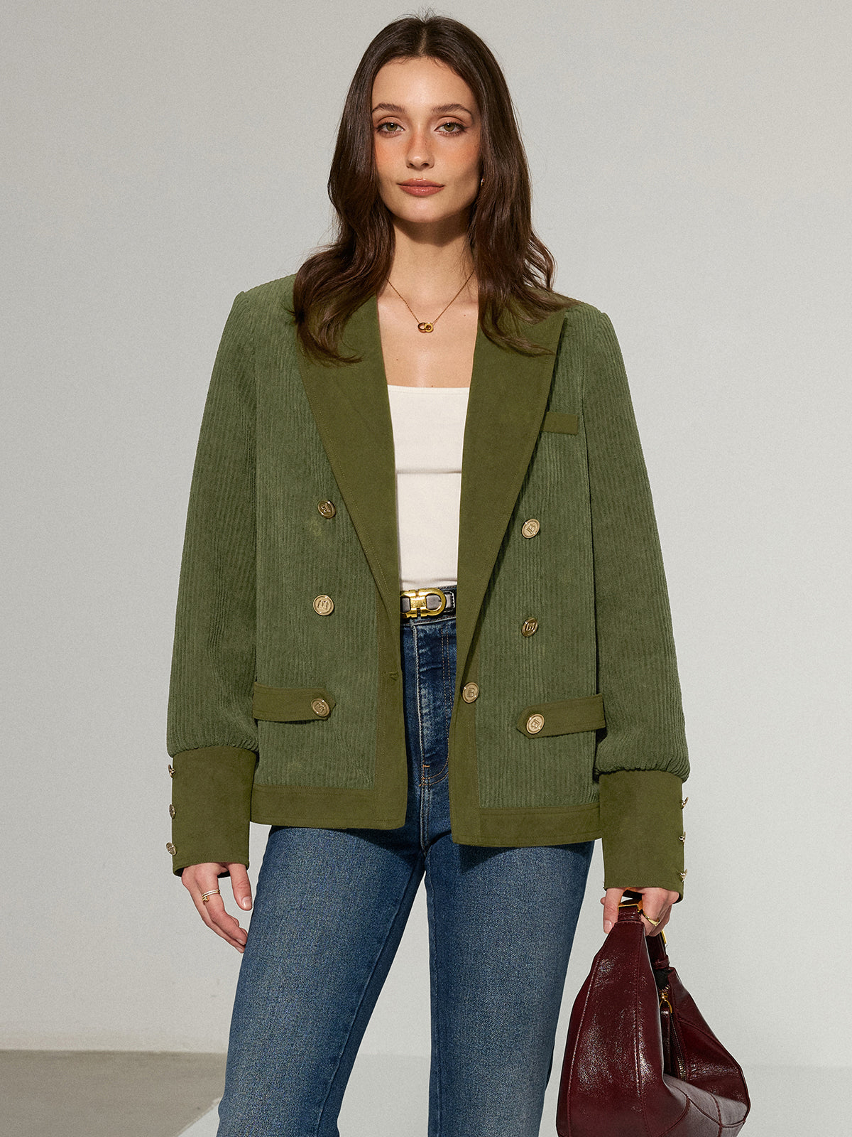 Corduroy Lapel Metal Button Blazer-Chicvia