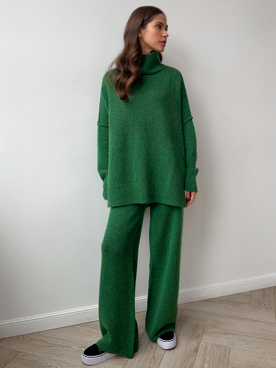 Plain Turtleneck Knit Pants Set-Chicvia