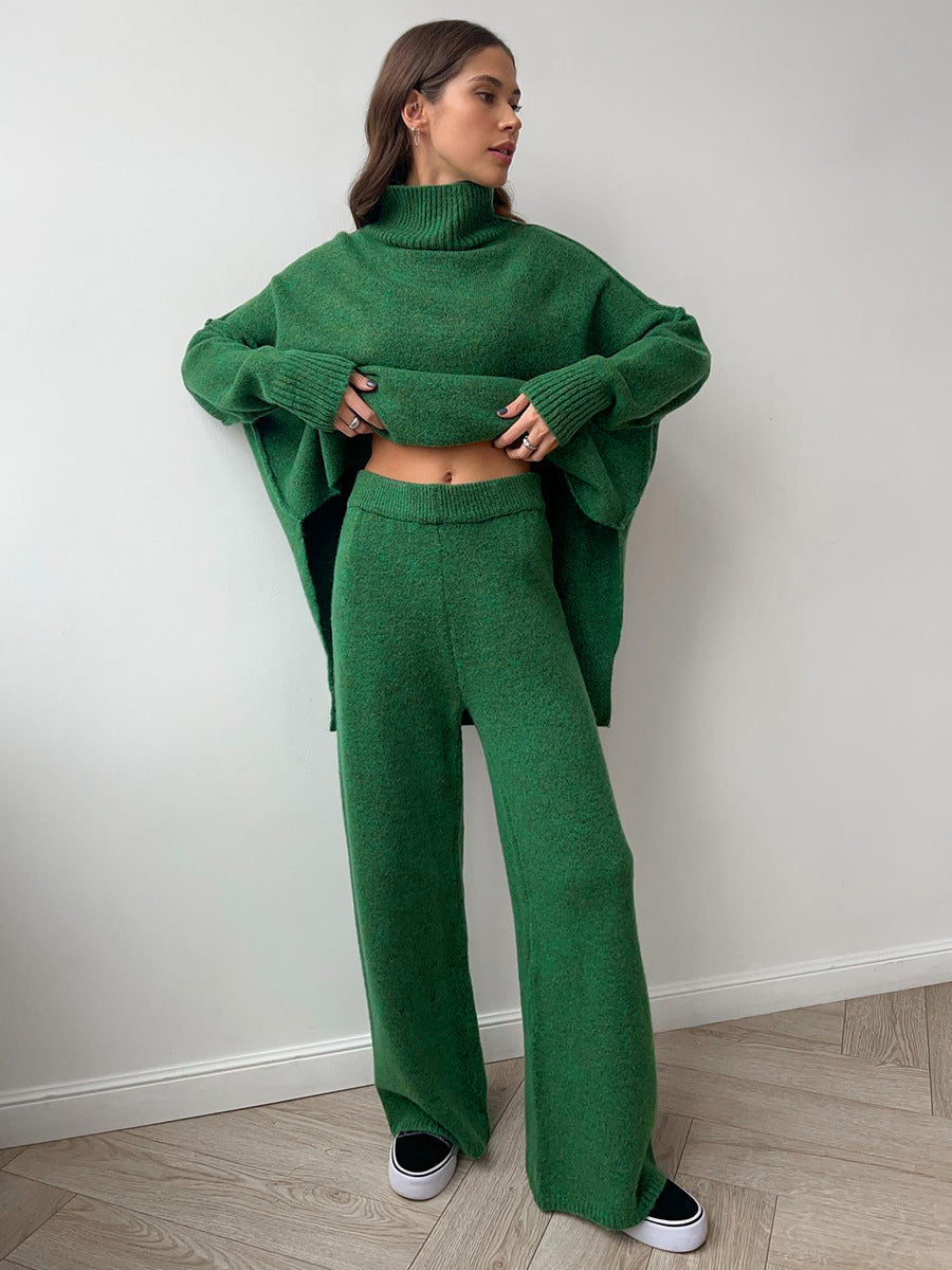 Plain Turtleneck Knit Pants Set-Chicvia