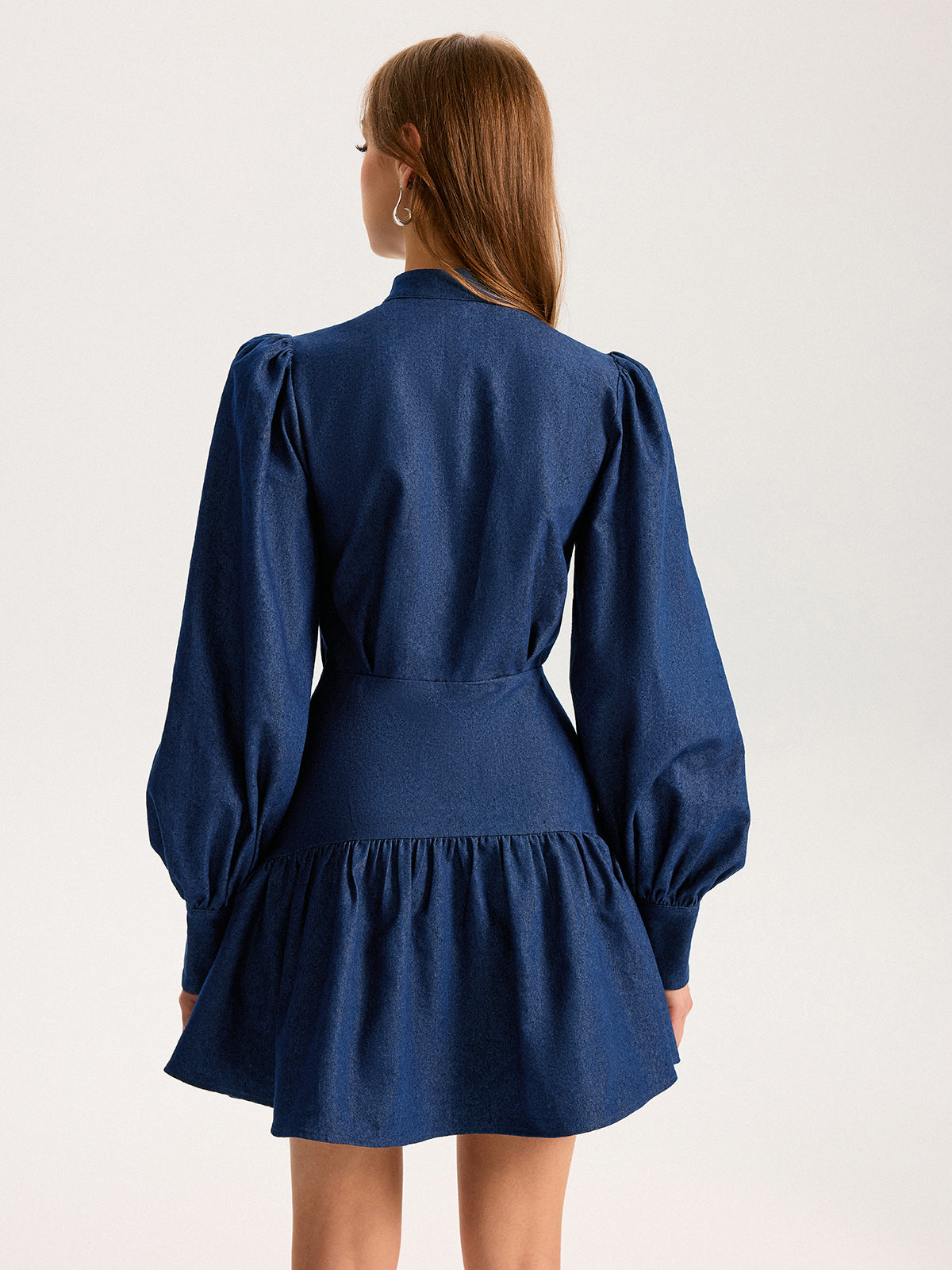 Denim Stand Collar Puff Sleeve Mini Dress-Chicvia