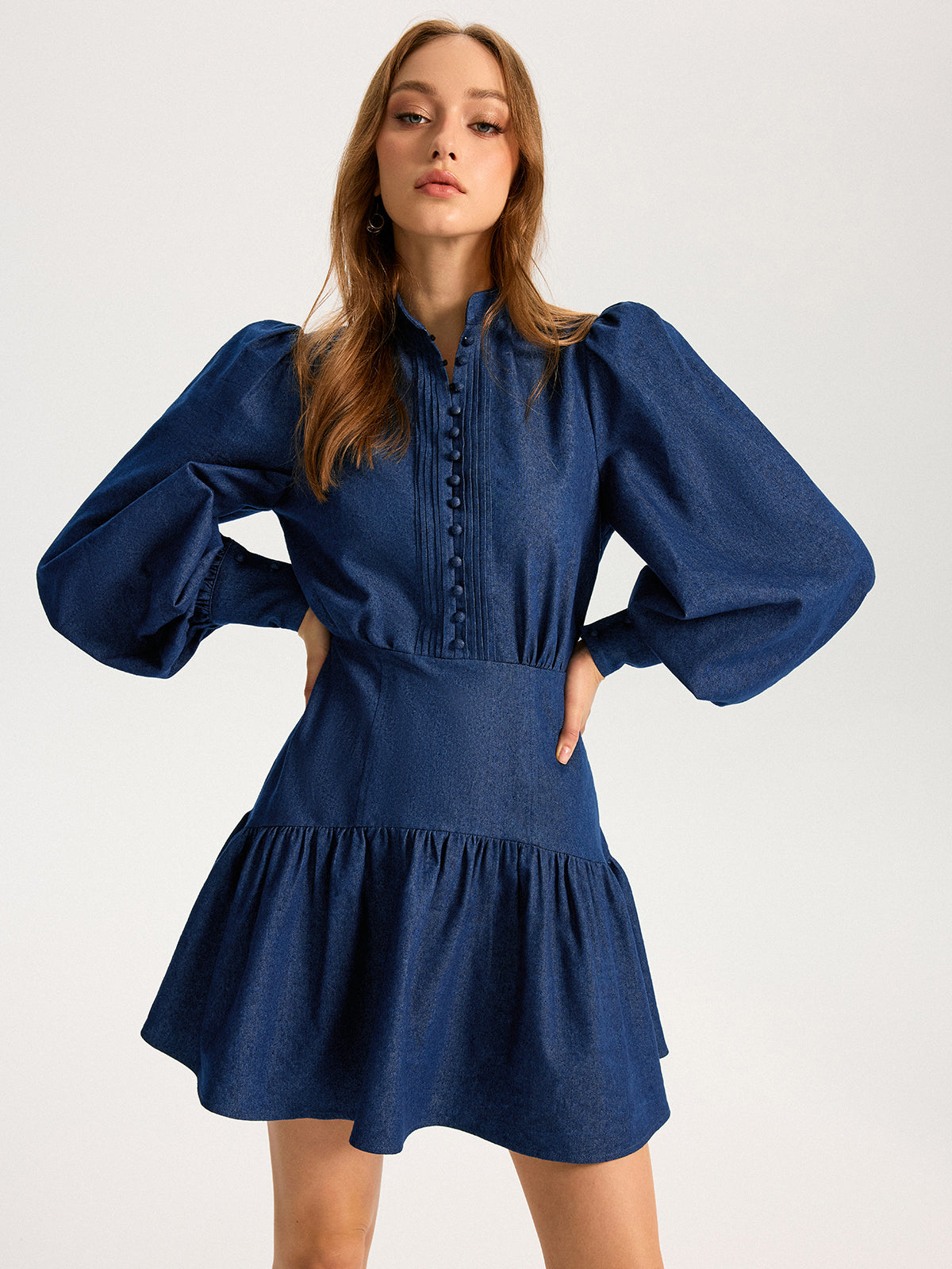 Denim Stand Collar Puff Sleeve Mini Dress-Chicvia