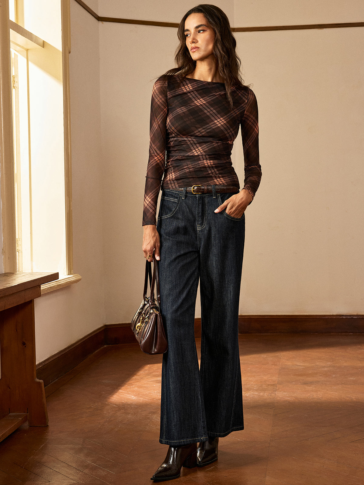 Plaid Mesh Ruched Long Sleeve Top-Chicvia