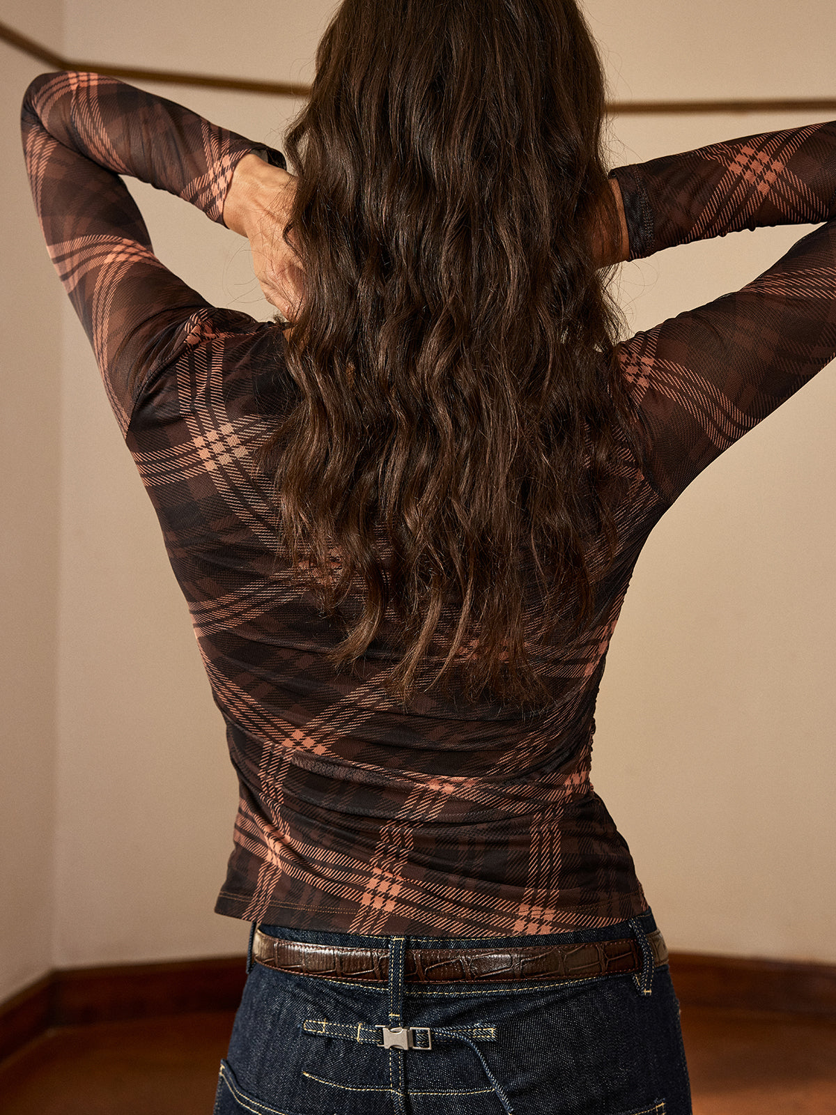 Plaid Mesh Ruched Long Sleeve Top-Chicvia