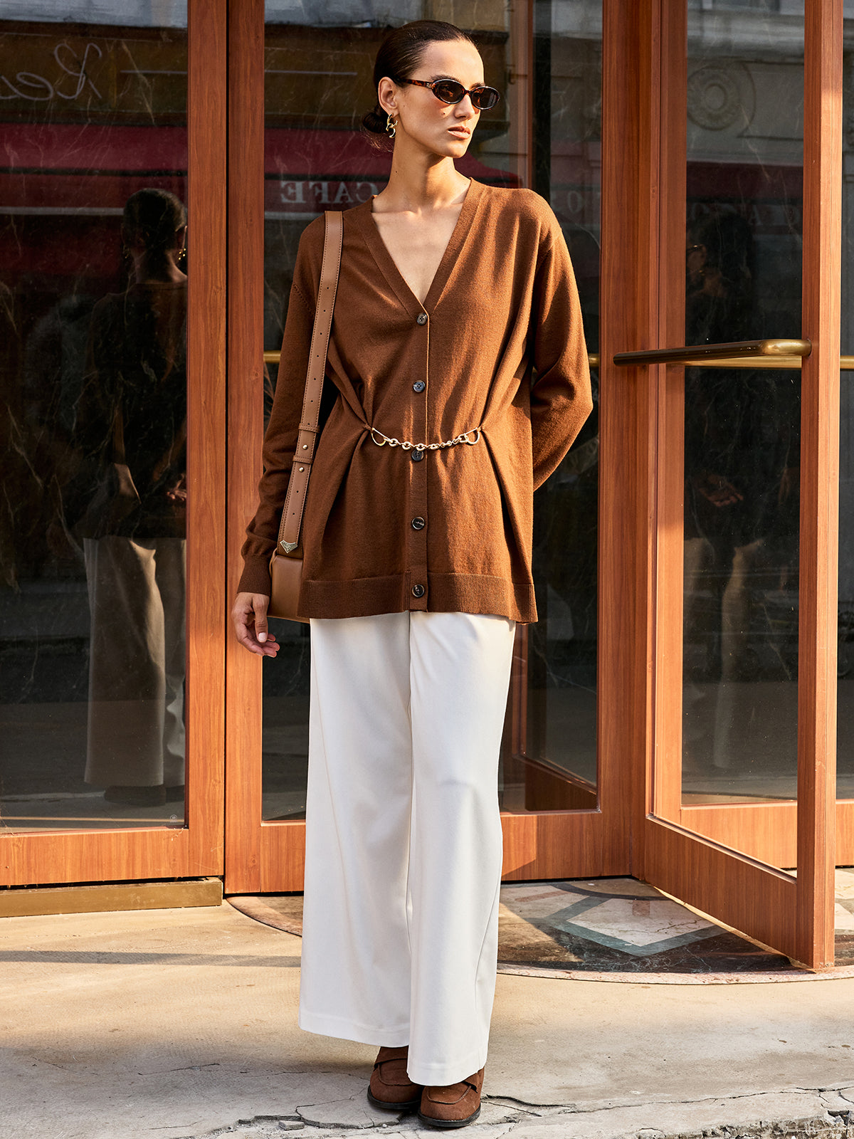 Metal Chain V-Neck Wool Blend Cardigan-Chicvia