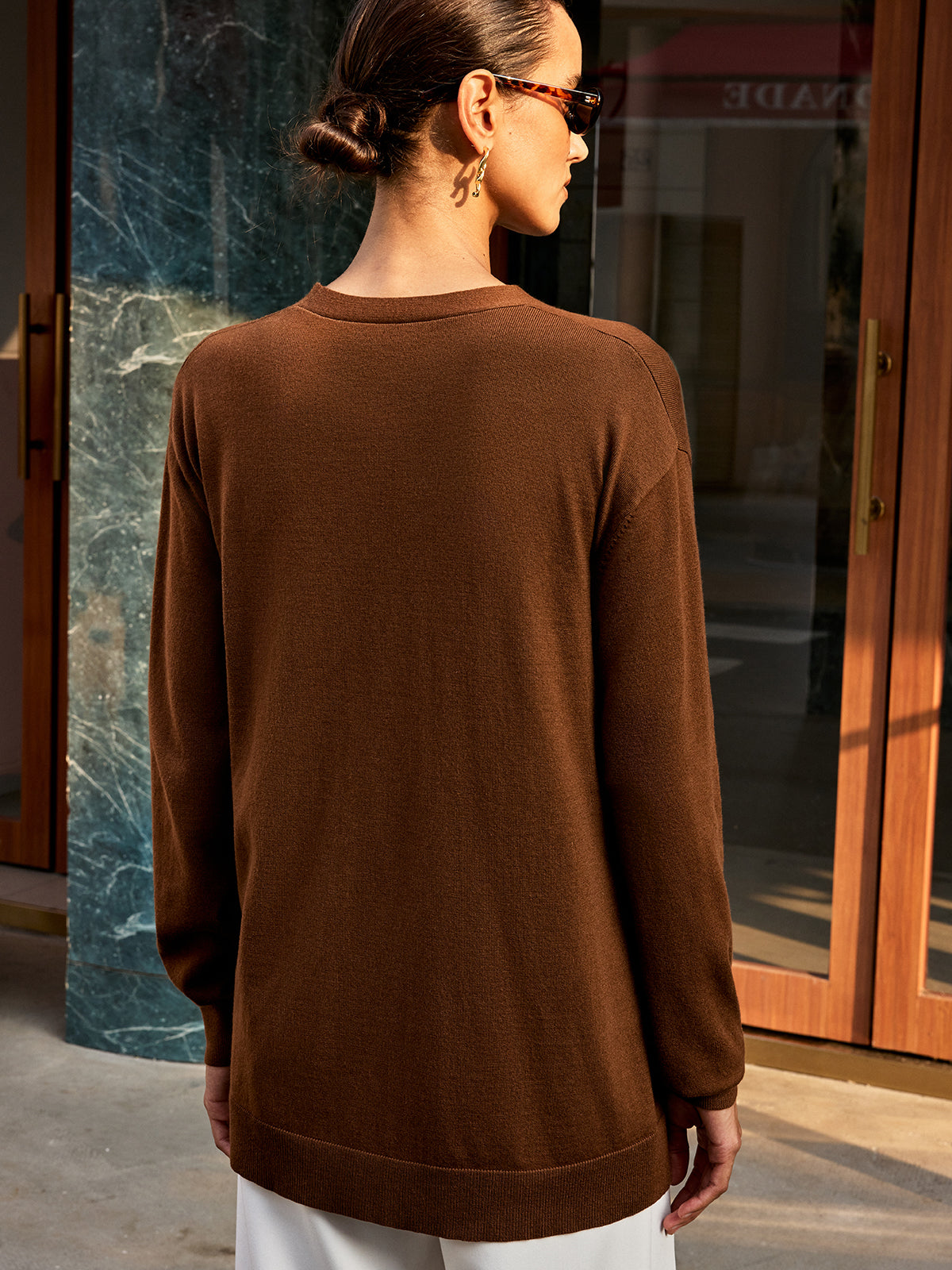 Metal Chain V-Neck Wool Blend Cardigan-Chicvia