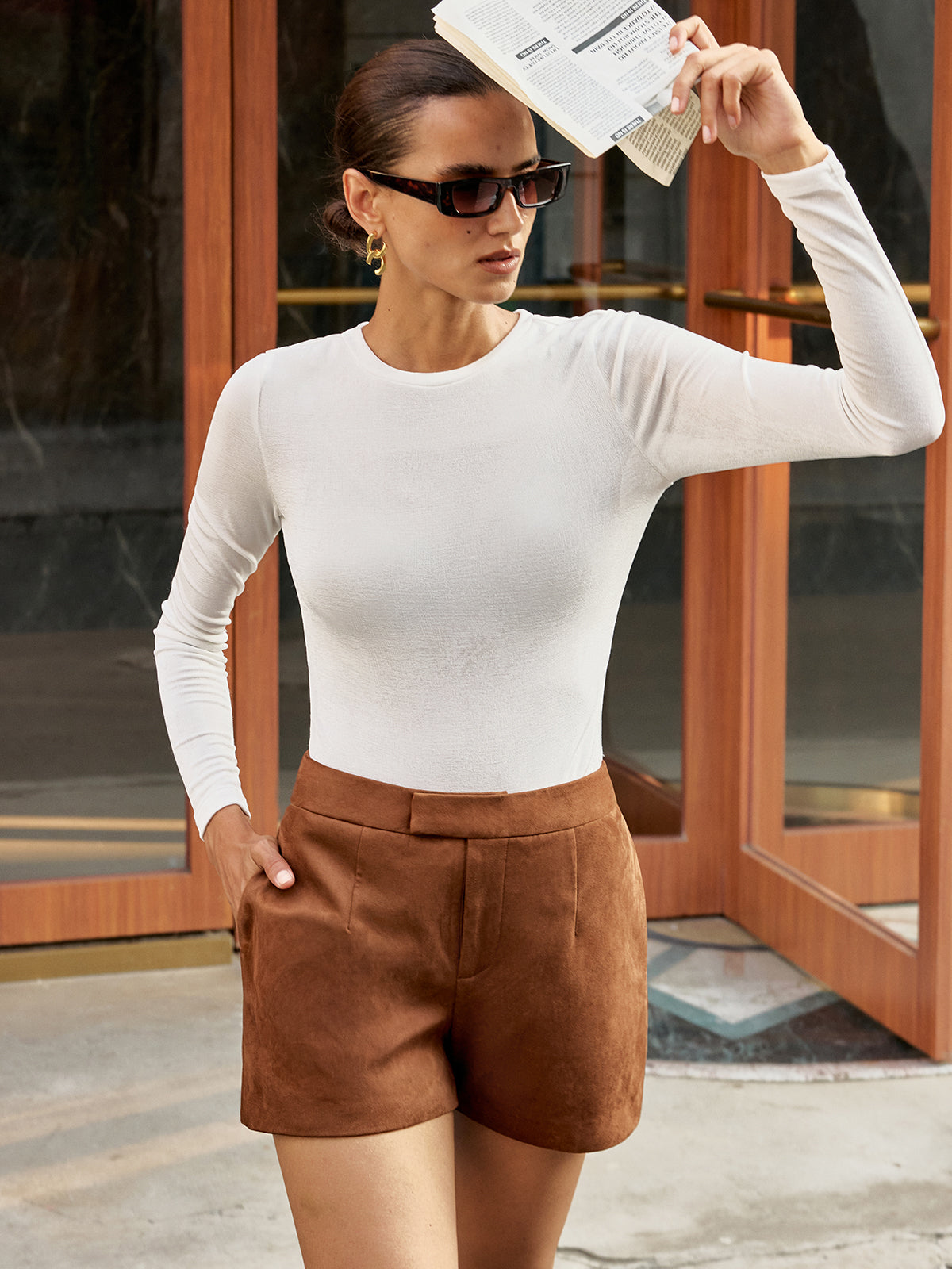 High-Waist Suede Effect Shorts-Chicvia