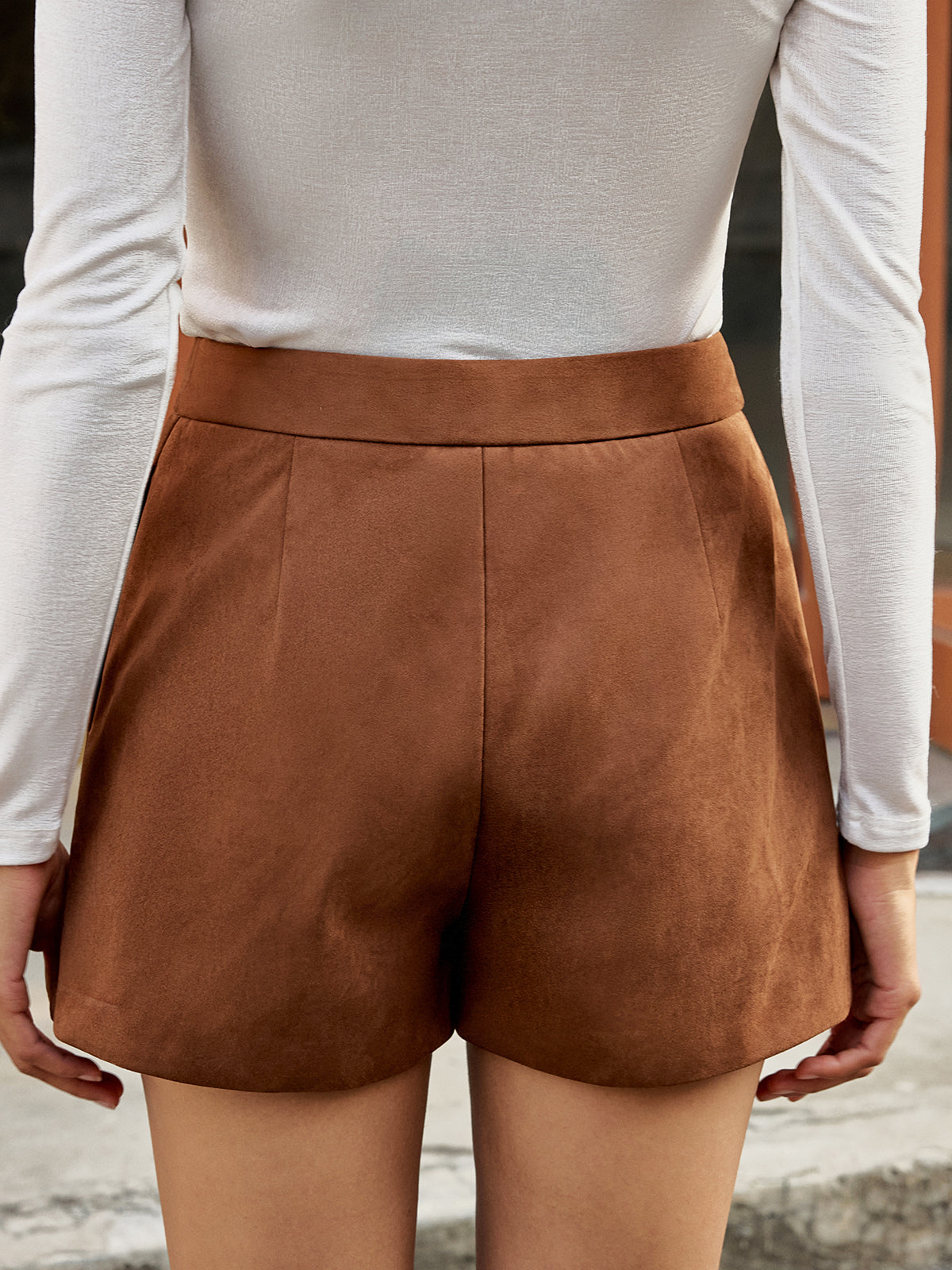 High-Waist Suede Effect Shorts-Chicvia