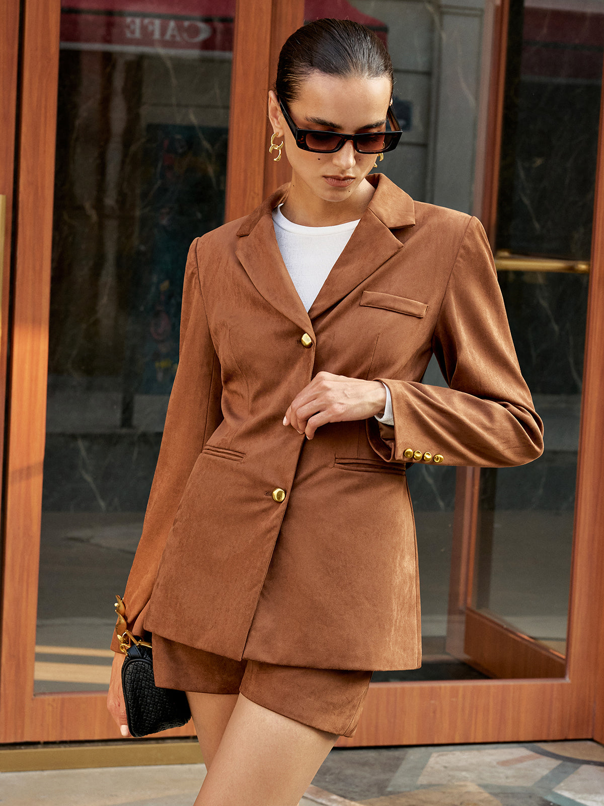 Metal Button Suede Effect Blazer-Chicvia