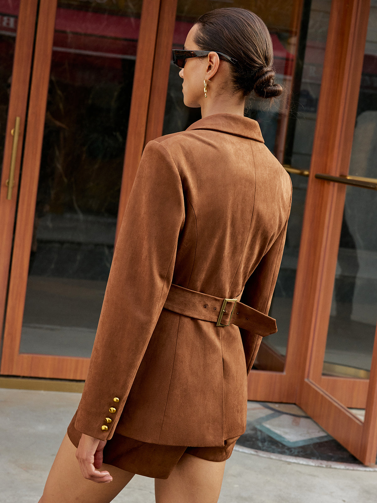 Metal Button Suede Effect Blazer-Chicvia